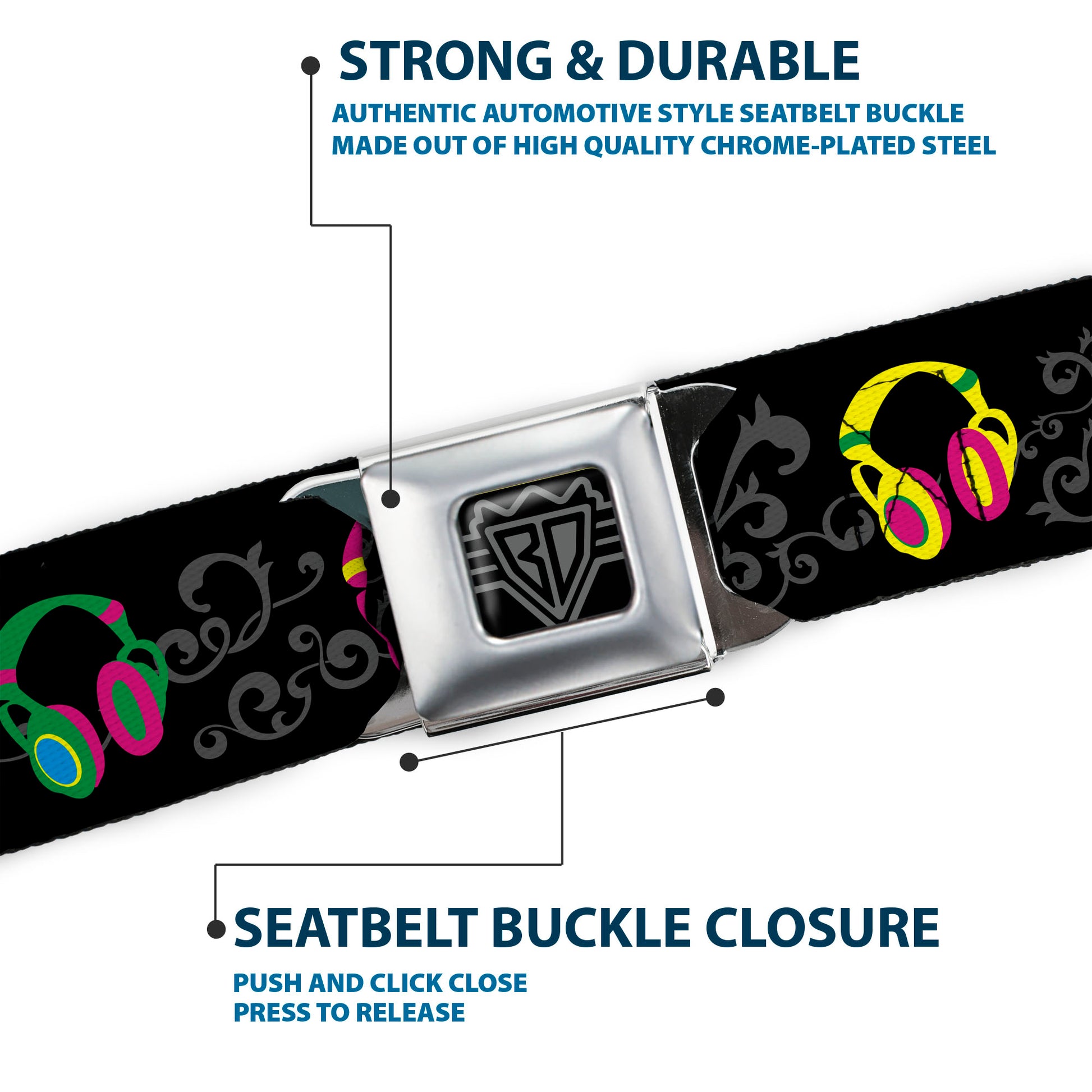 BD Wings Logo CLOSE-UP Full Color Black Silver Seatbelt Belt - Headphones Curls Black/Gray/Neon Webbing Seatbelt Belts Buckle-Down