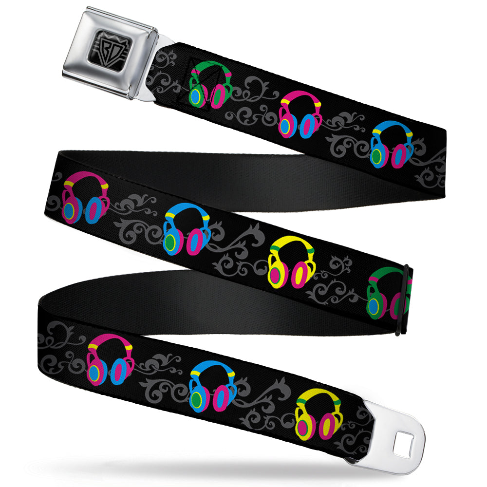 BD Wings Logo CLOSE-UP Full Color Black Silver Seatbelt Belt - Headphones Curls Black/Gray/Neon Webbing Seatbelt Belts Buckle-Down