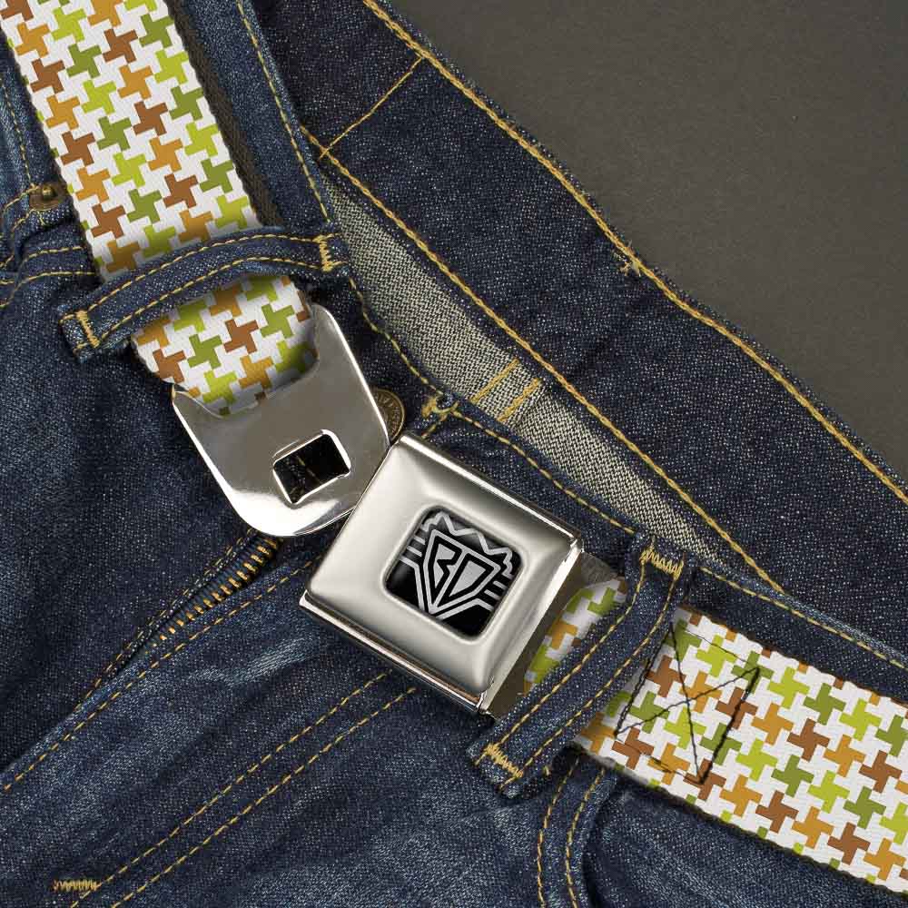 BD Wings Logo CLOSE-UP Full Color Black Silver Seatbelt Belt - Houndstooth White/Green/Brown Webbing Seatbelt Belts Buckle-Down
