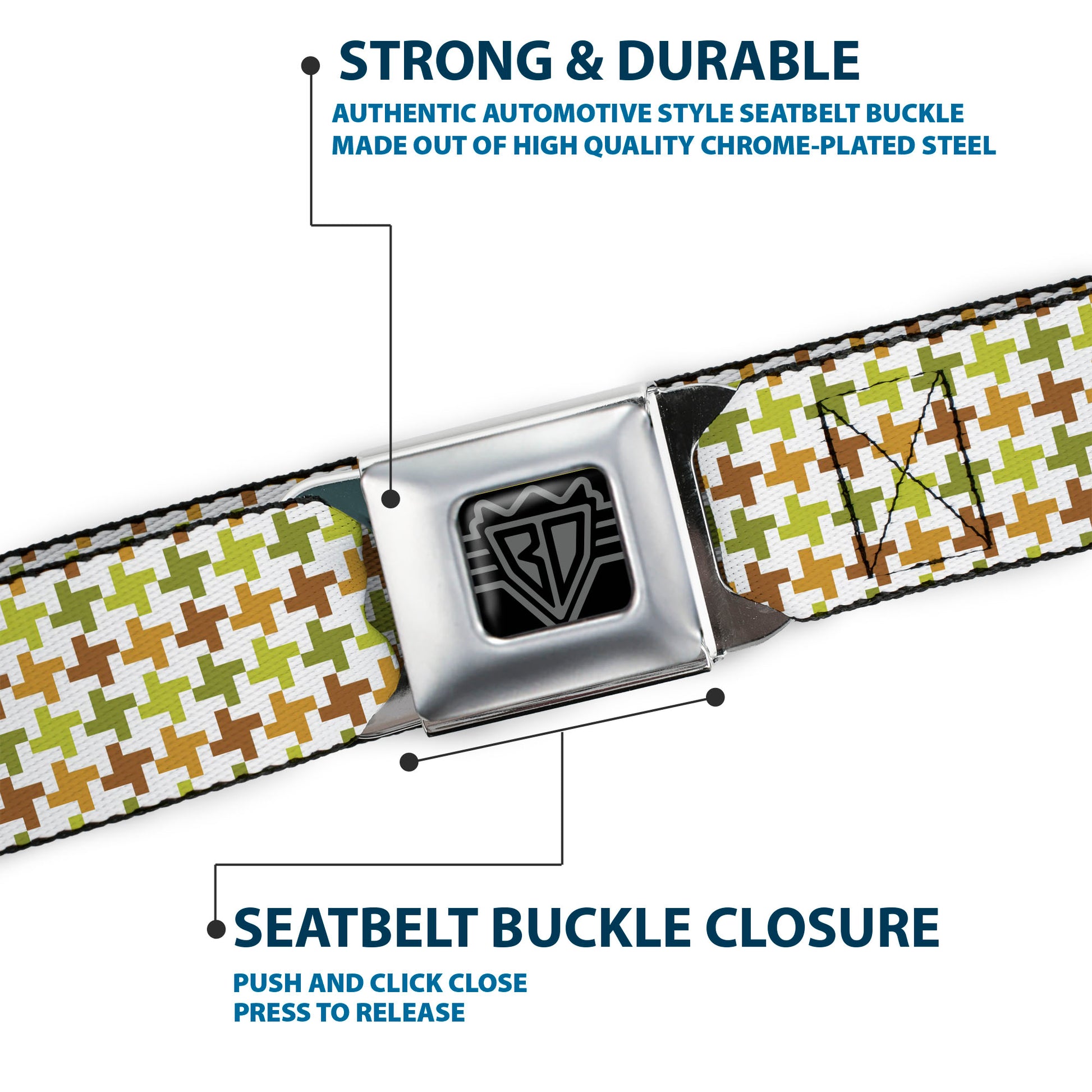 BD Wings Logo CLOSE-UP Full Color Black Silver Seatbelt Belt - Houndstooth White/Green/Brown Webbing Seatbelt Belts Buckle-Down