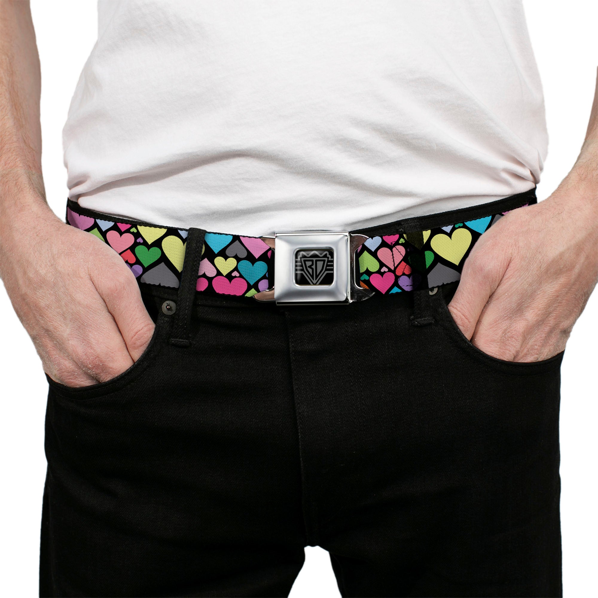 BD Wings Logo CLOSE-UP Full Color Black Silver Seatbelt Belt - Hearts Black/Multi Color Webbing Seatbelt Belts Buckle-Down