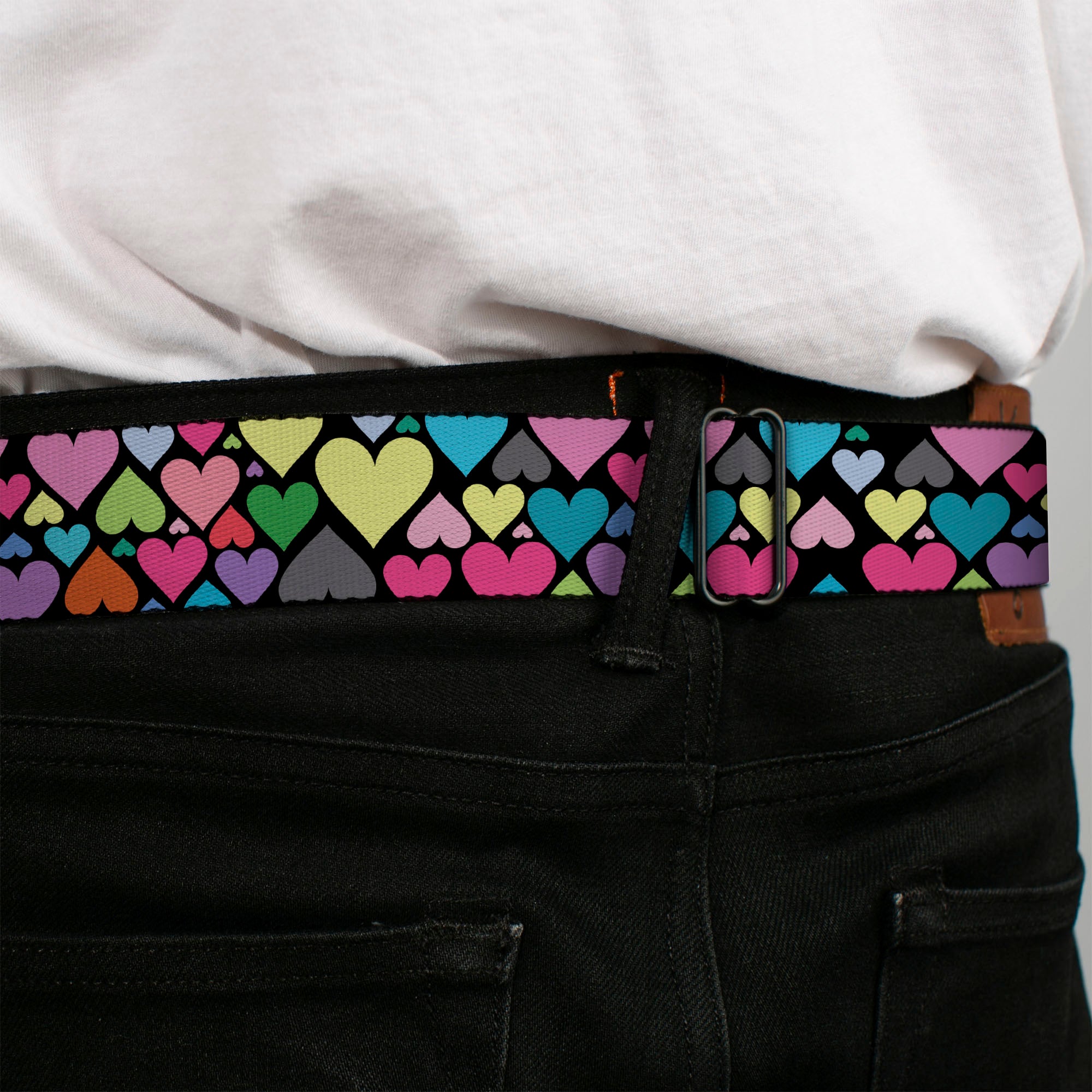 BD Wings Logo CLOSE-UP Full Color Black Silver Seatbelt Belt - Hearts Black/Multi Color Webbing Seatbelt Belts Buckle-Down