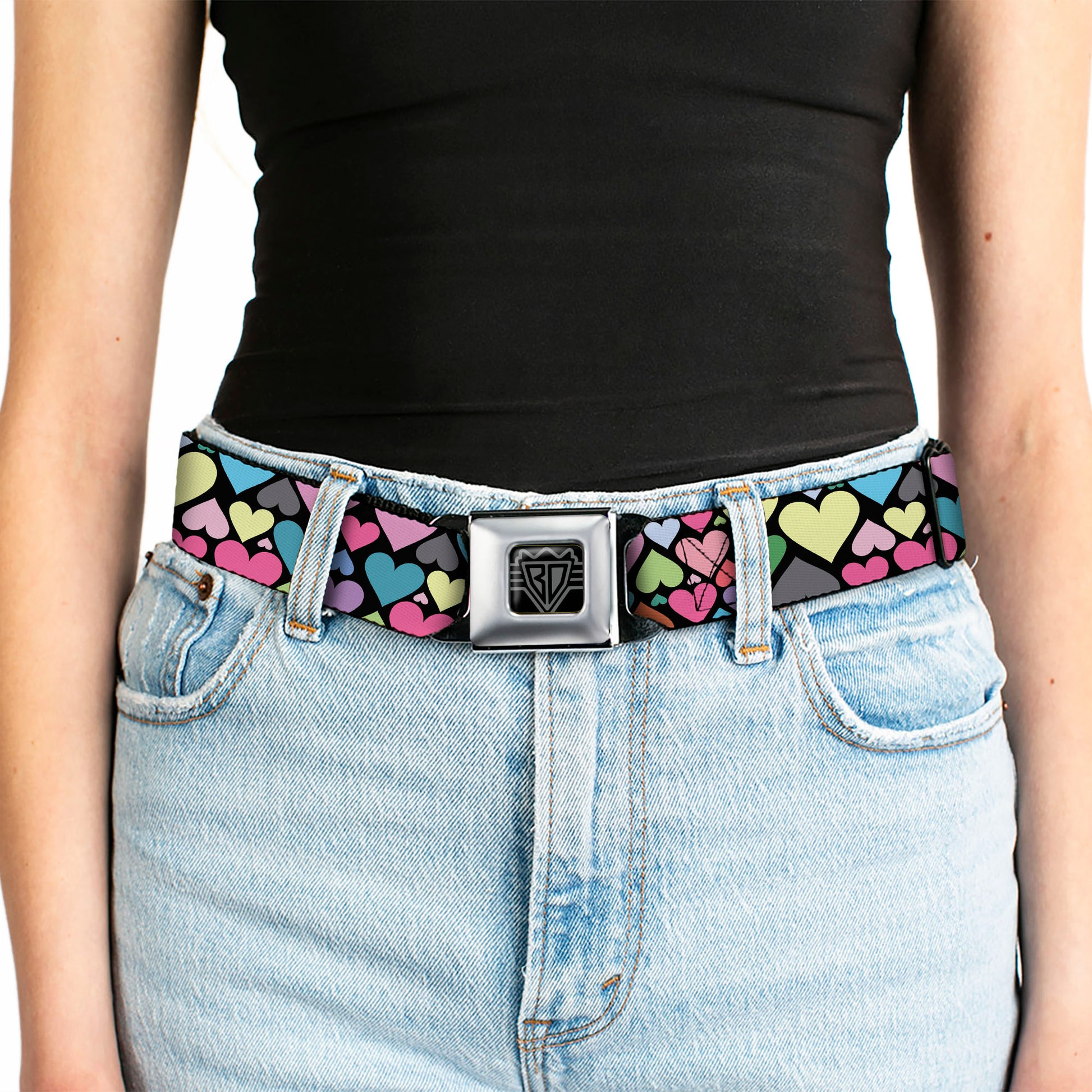 BD Wings Logo CLOSE-UP Full Color Black Silver Seatbelt Belt - Hearts Black/Multi Color Webbing Seatbelt Belts Buckle-Down