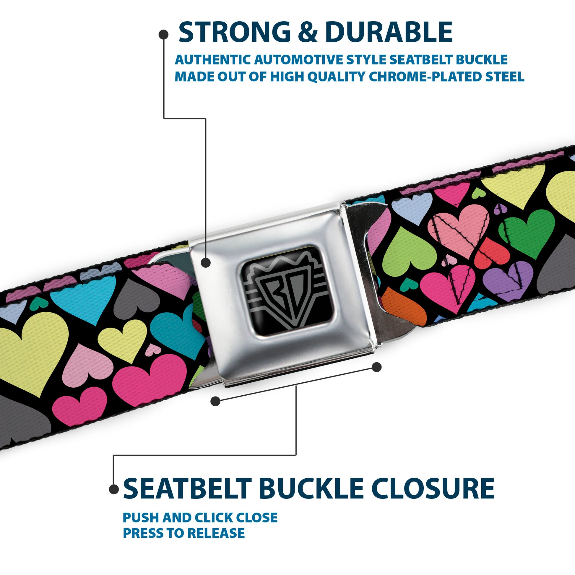 BD Wings Logo CLOSE-UP Full Color Black Silver Seatbelt Belt - Hearts Black/Multi Color Webbing Seatbelt Belts Buckle-Down