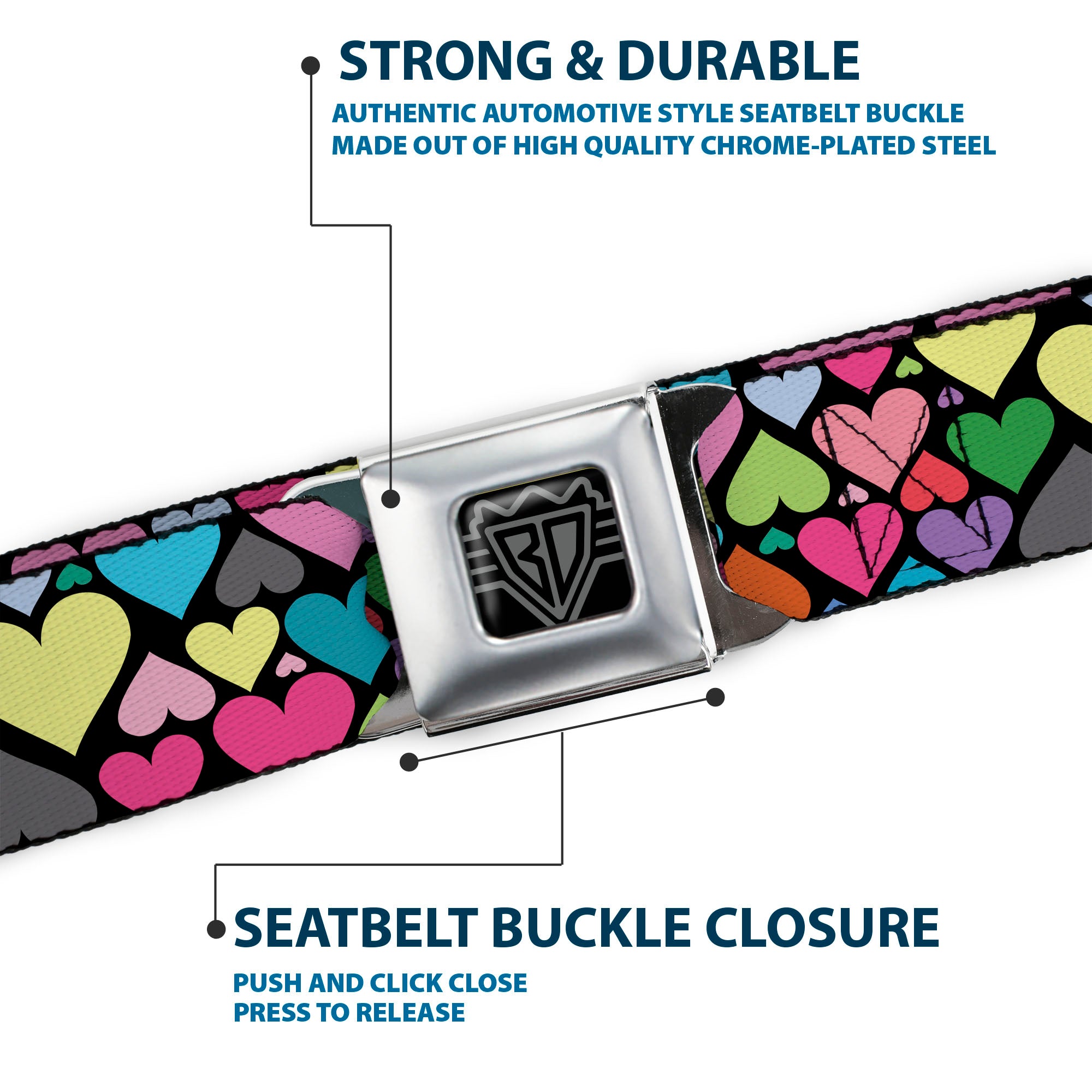 BD Wings Logo CLOSE-UP Full Color Black Silver Seatbelt Belt - Hearts Black/Multi Color Webbing Seatbelt Belts Buckle-Down