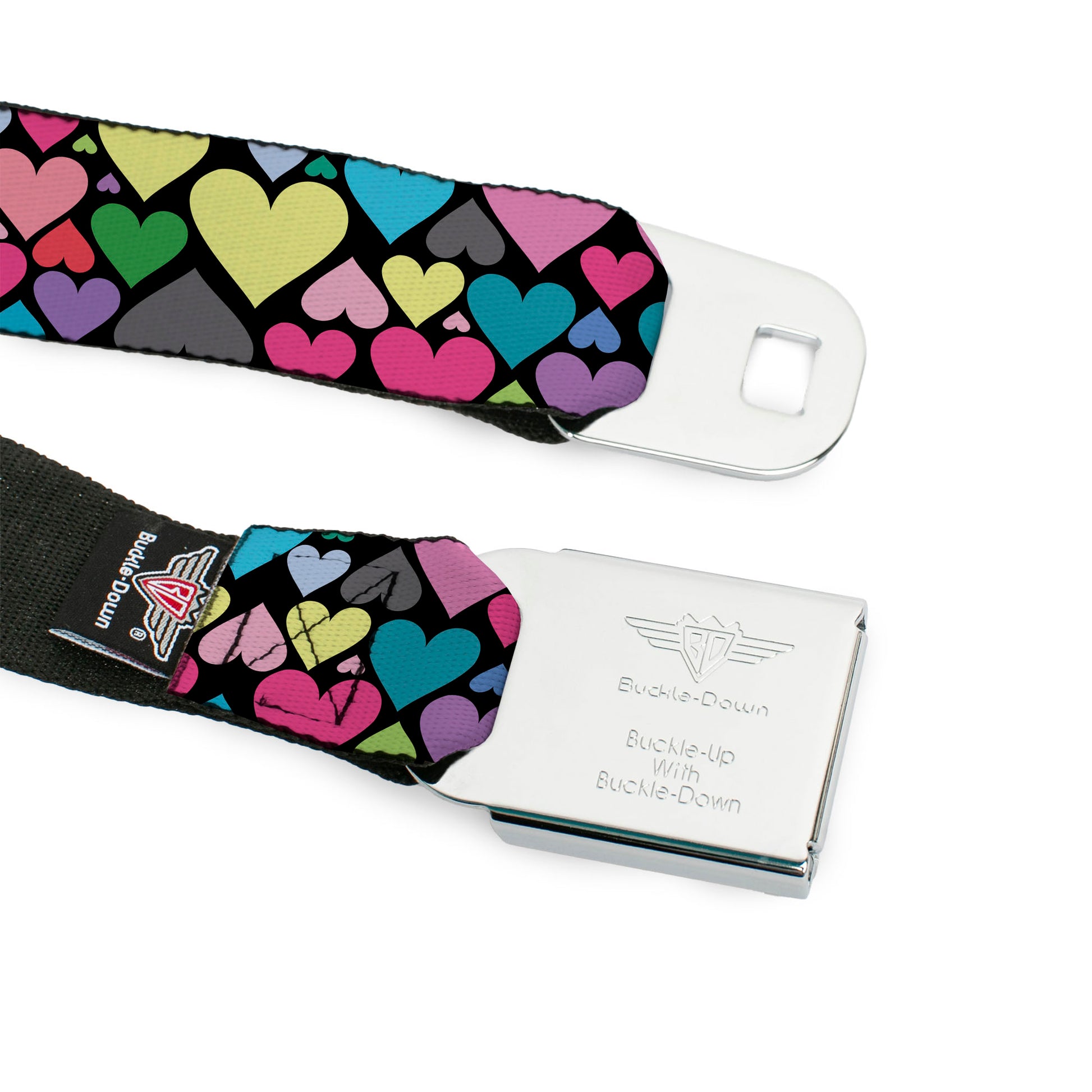 BD Wings Logo CLOSE-UP Full Color Black Silver Seatbelt Belt - Hearts Black/Multi Color Webbing Seatbelt Belts Buckle-Down
