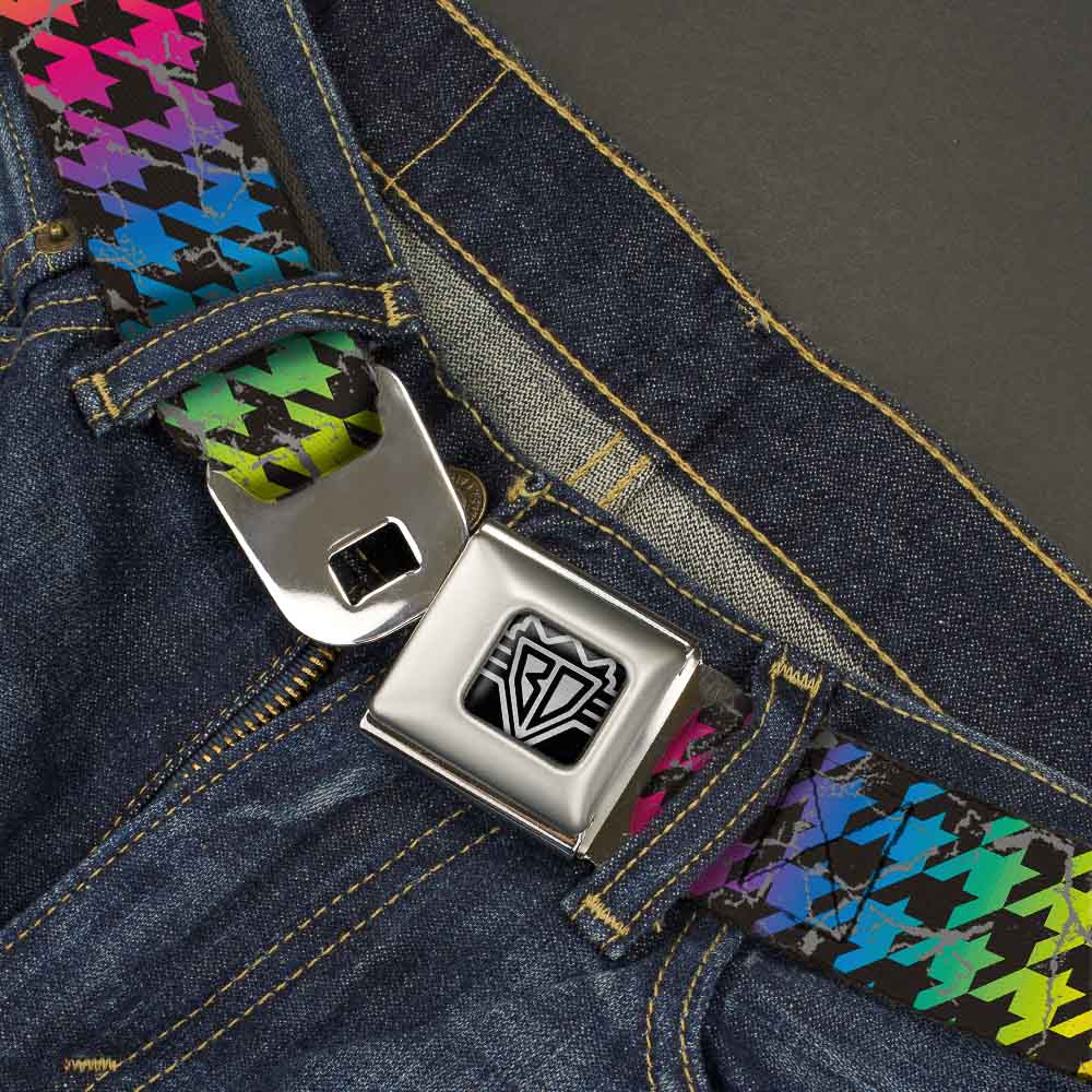 BD Wings Logo CLOSE-UP Full Color Black Silver Seatbelt Belt - Houndstooth Black/Rainbow Webbing Seatbelt Belts Buckle-Down