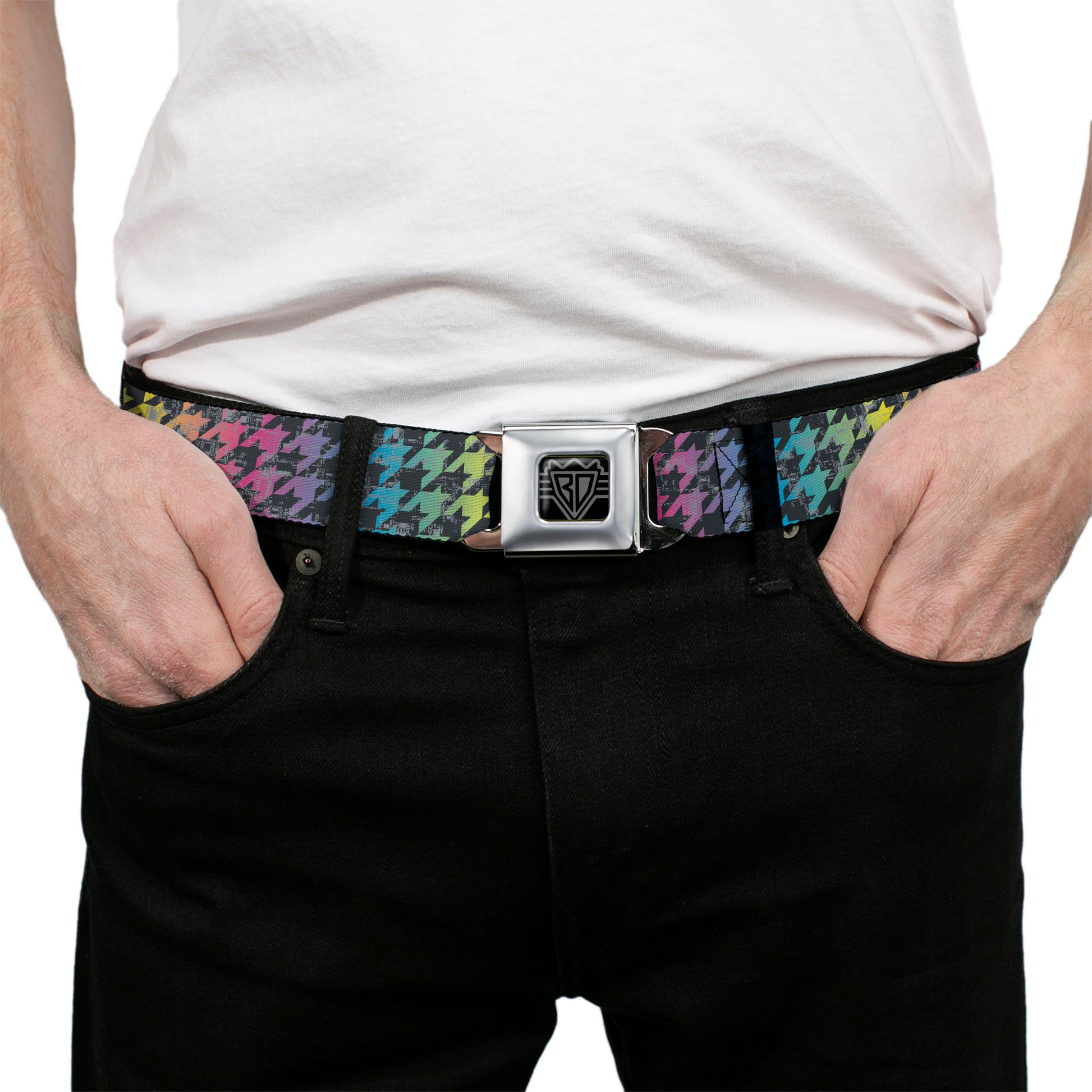 BD Wings Logo CLOSE-UP Full Color Black Silver Seatbelt Belt - Houndstooth Black/Rainbow Webbing Seatbelt Belts Buckle-Down