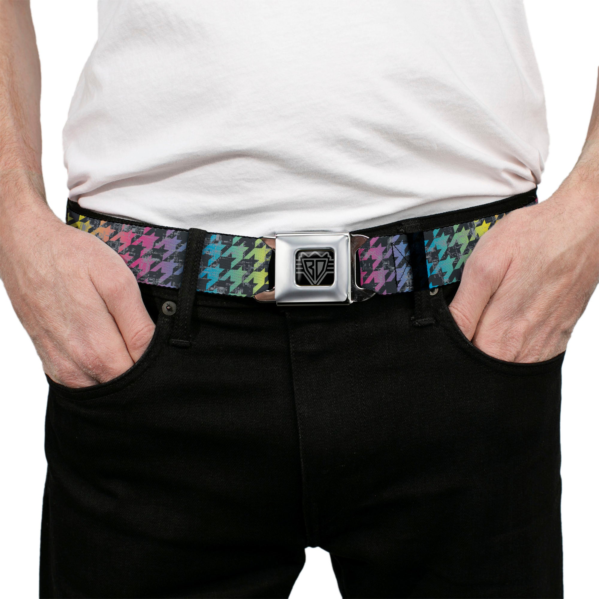 BD Wings Logo CLOSE-UP Full Color Black Silver Seatbelt Belt - Houndstooth Black/Rainbow Webbing Seatbelt Belts Buckle-Down
