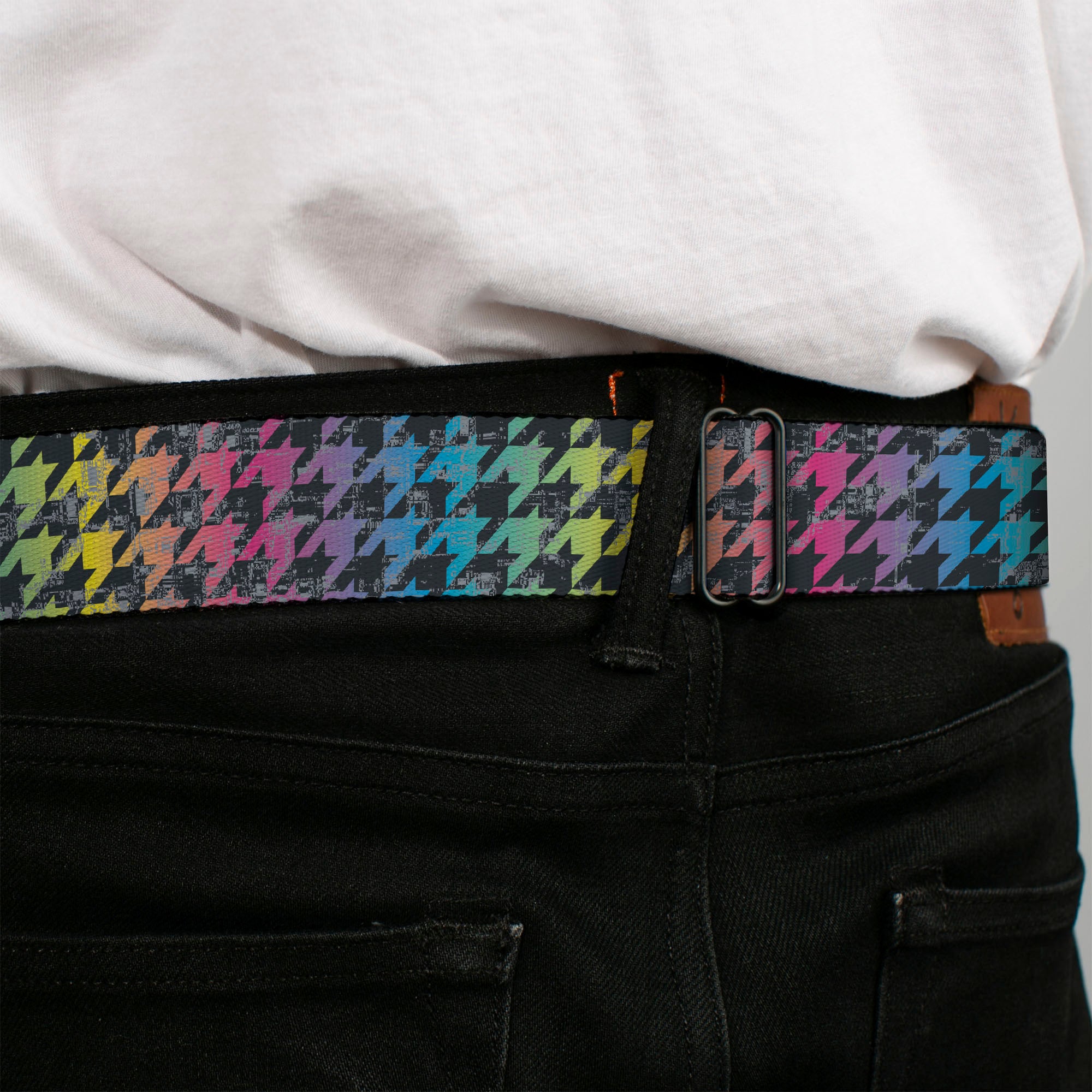 BD Wings Logo CLOSE-UP Full Color Black Silver Seatbelt Belt - Houndstooth Black/Rainbow Webbing Seatbelt Belts Buckle-Down