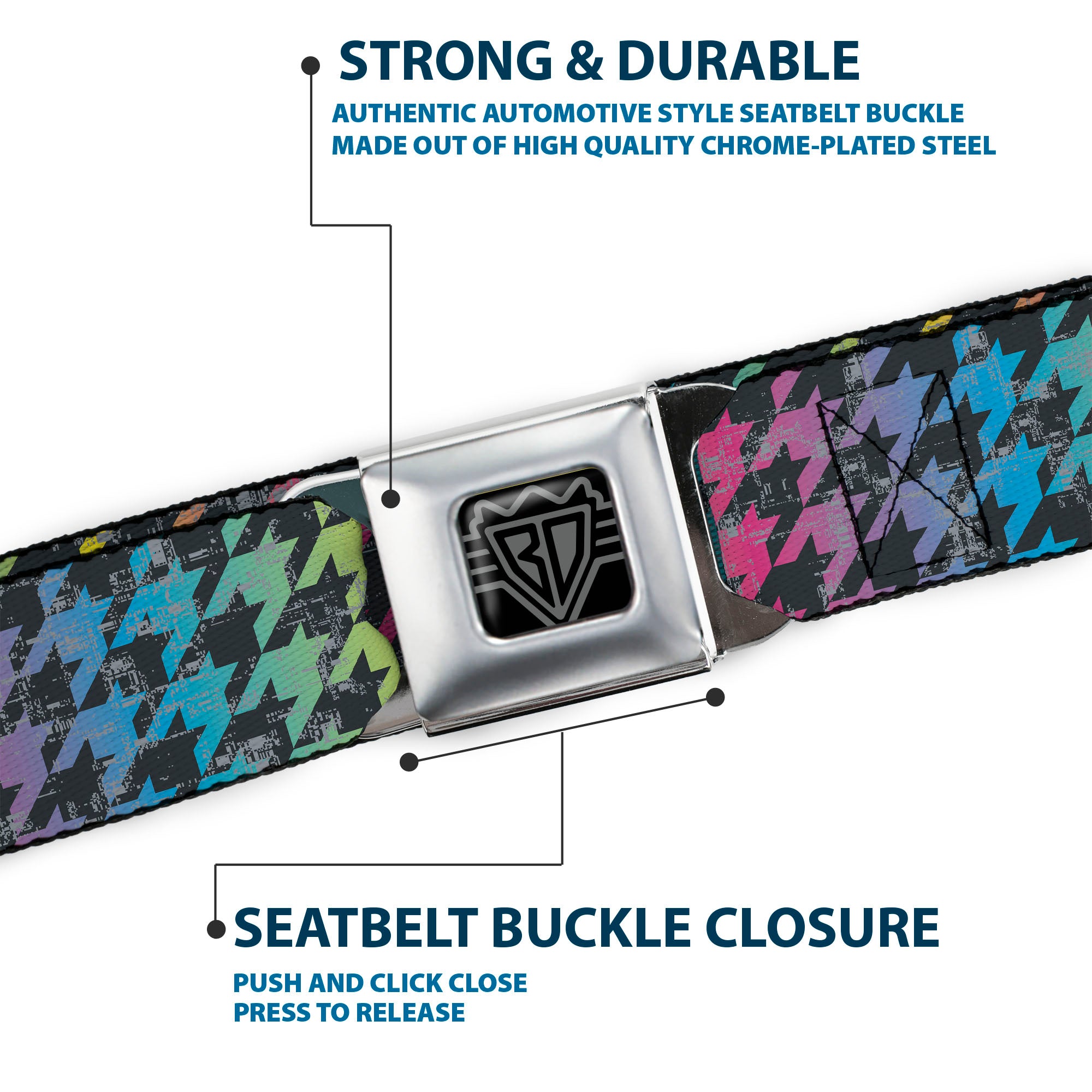 BD Wings Logo CLOSE-UP Full Color Black Silver Seatbelt Belt - Houndstooth Black/Rainbow Webbing Seatbelt Belts Buckle-Down