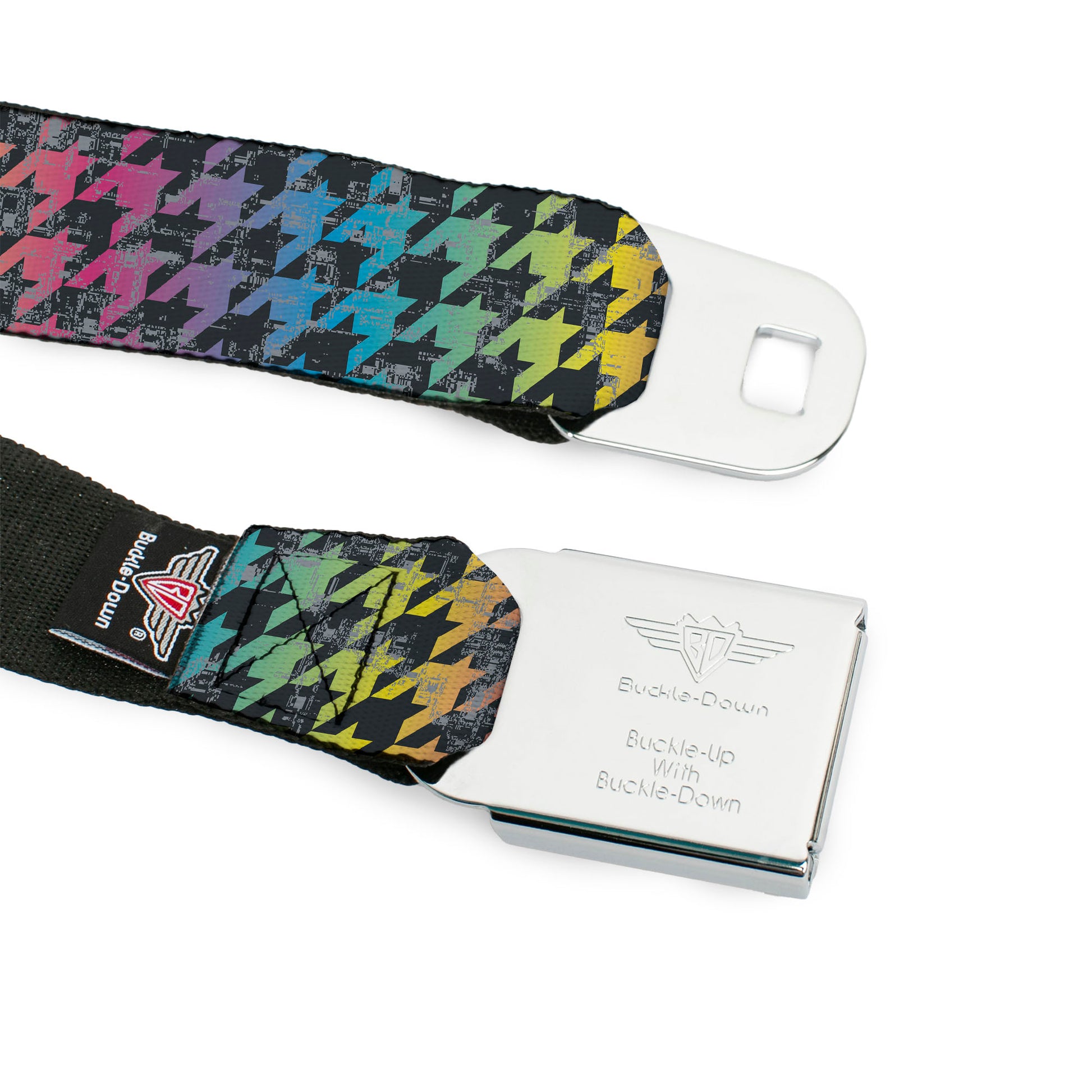 BD Wings Logo CLOSE-UP Full Color Black Silver Seatbelt Belt - Houndstooth Black/Rainbow Webbing Seatbelt Belts Buckle-Down