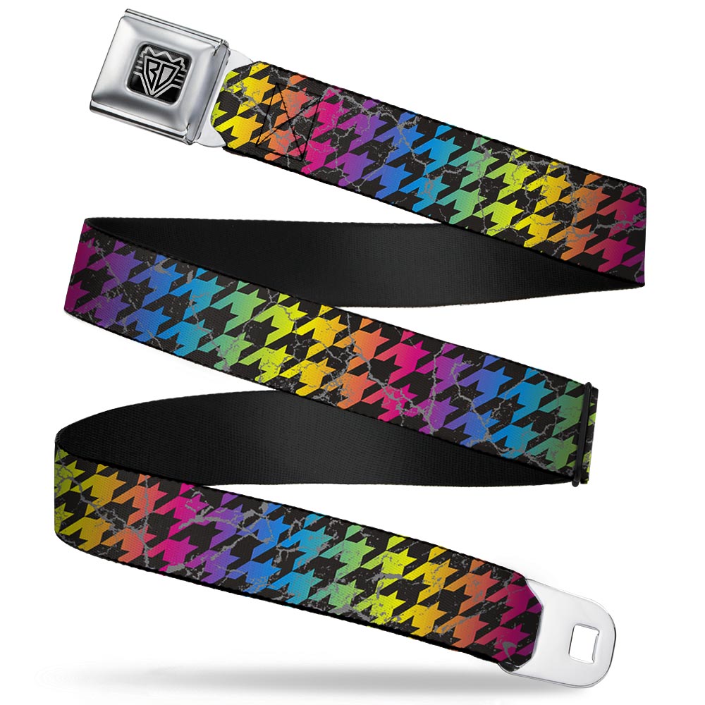 BD Wings Logo CLOSE-UP Full Color Black Silver Seatbelt Belt - Houndstooth Black/Rainbow Webbing Seatbelt Belts Buckle-Down
