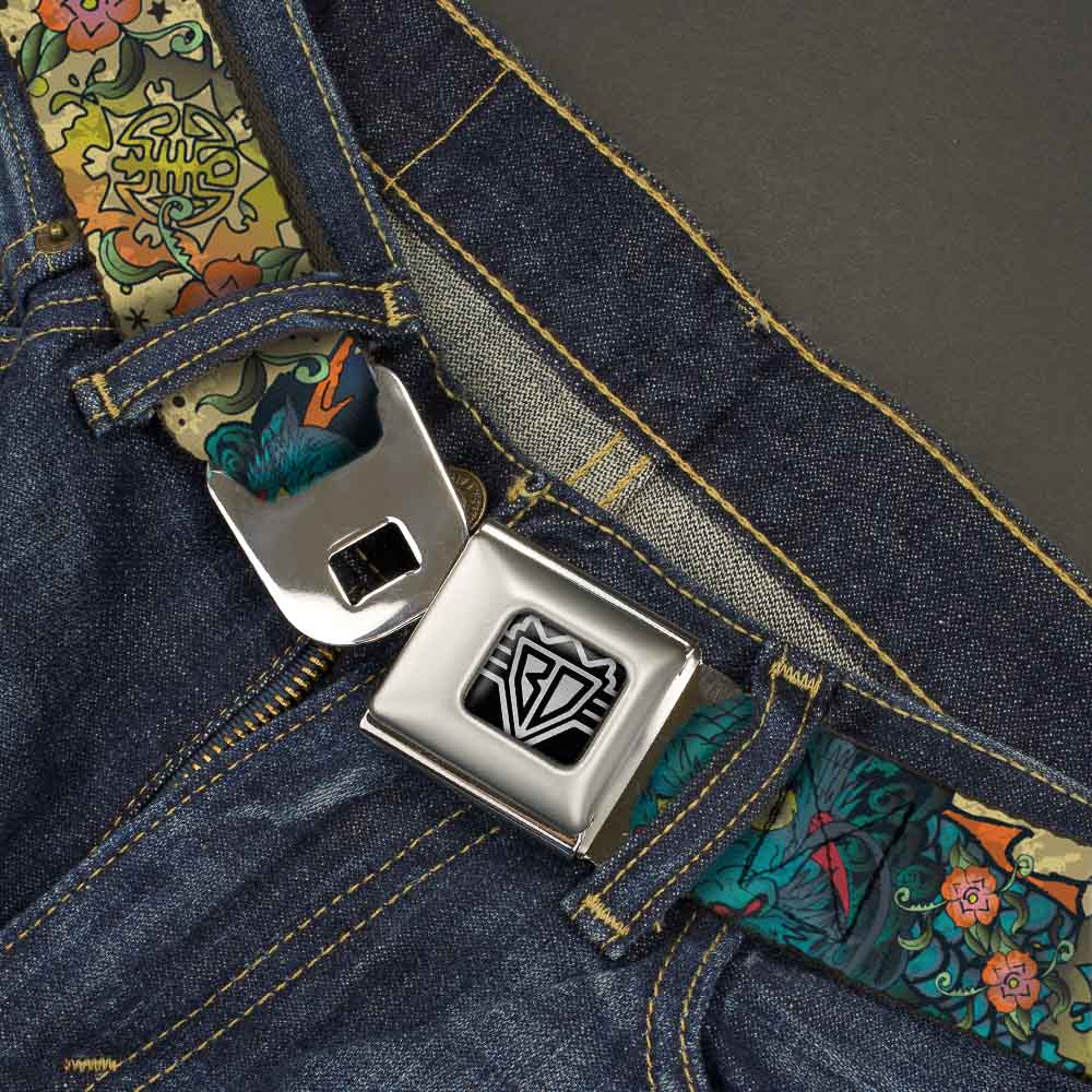 BD Wings Logo CLOSE-UP Full Color Black Silver Seatbelt Belt - Honor CLOSE-UP Tan Webbing Seatbelt Belts Buckle-Down