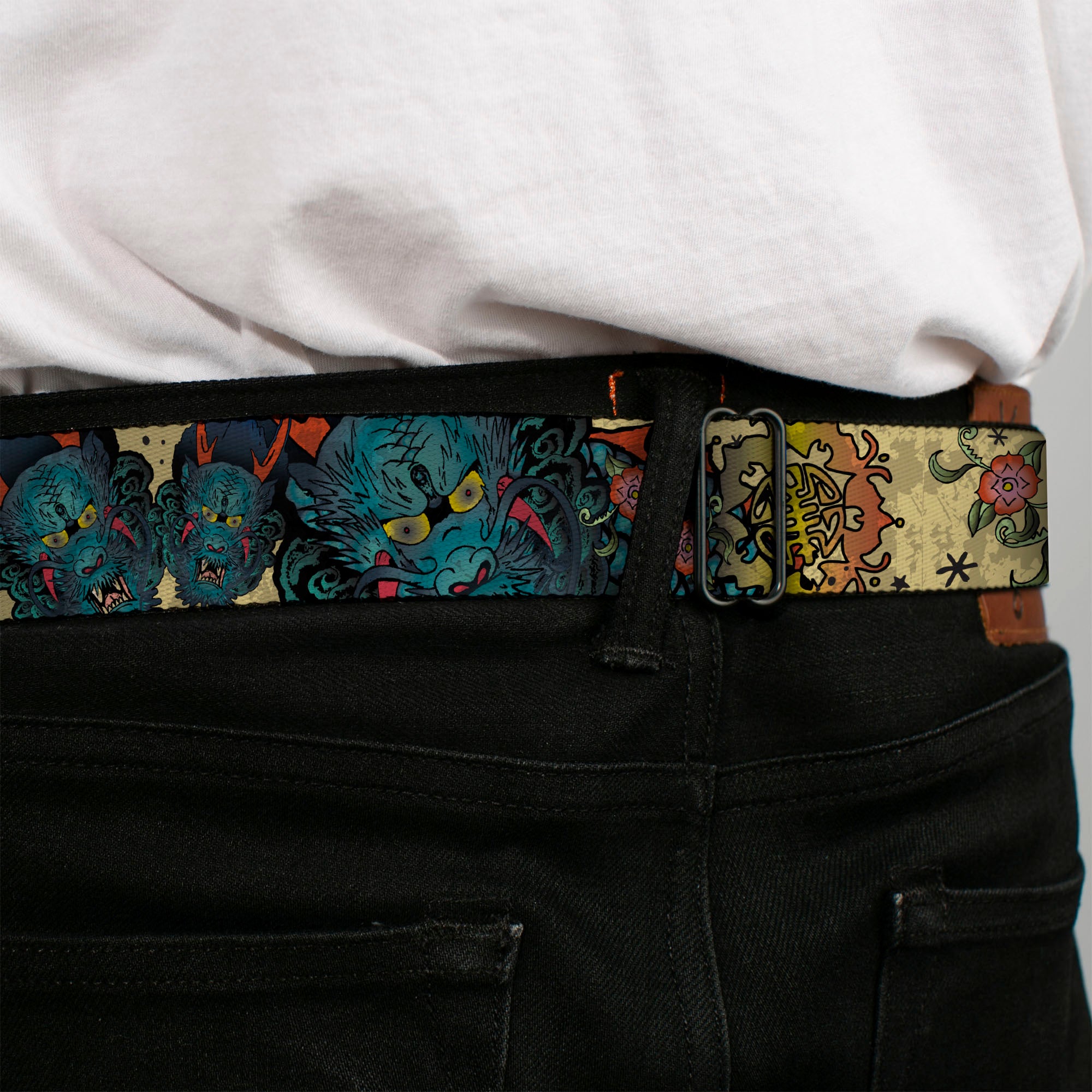 BD Wings Logo CLOSE-UP Full Color Black Silver Seatbelt Belt - Honor CLOSE-UP Tan Webbing Seatbelt Belts Buckle-Down