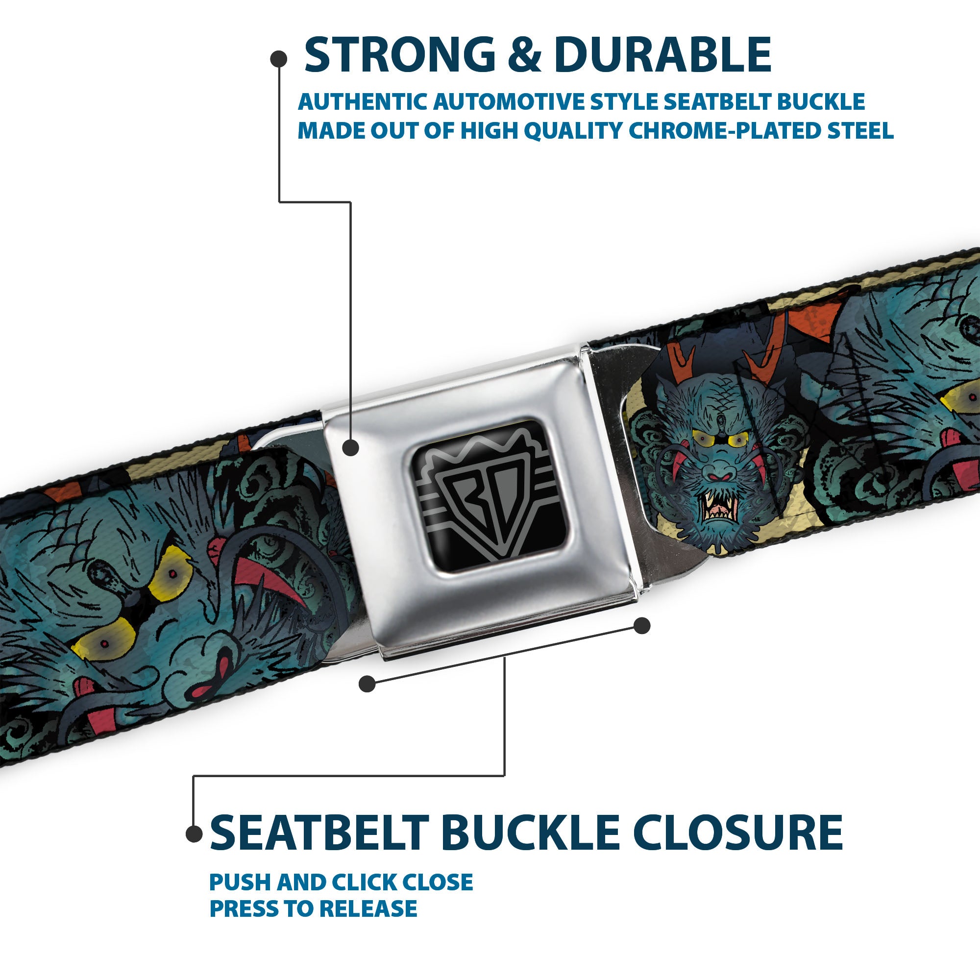 BD Wings Logo CLOSE-UP Full Color Black Silver Seatbelt Belt - Honor CLOSE-UP Tan Webbing Seatbelt Belts Buckle-Down