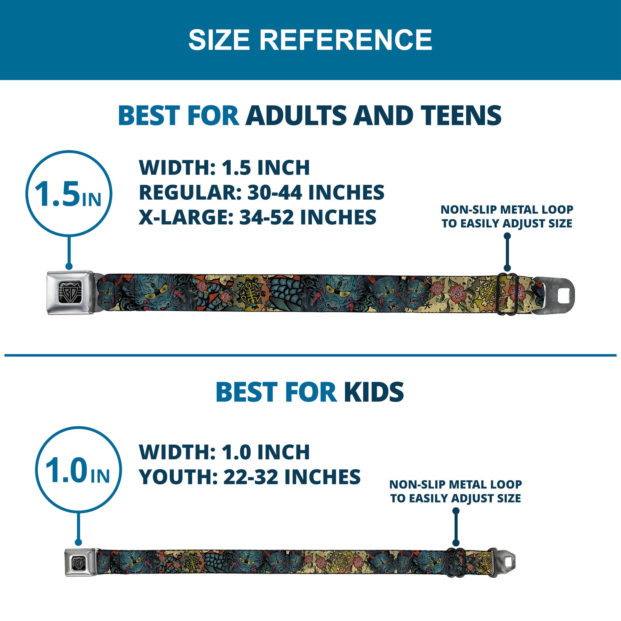 BD Wings Logo CLOSE-UP Full Color Black Silver Seatbelt Belt - Honor CLOSE-UP Tan Webbing Seatbelt Belts Buckle-Down