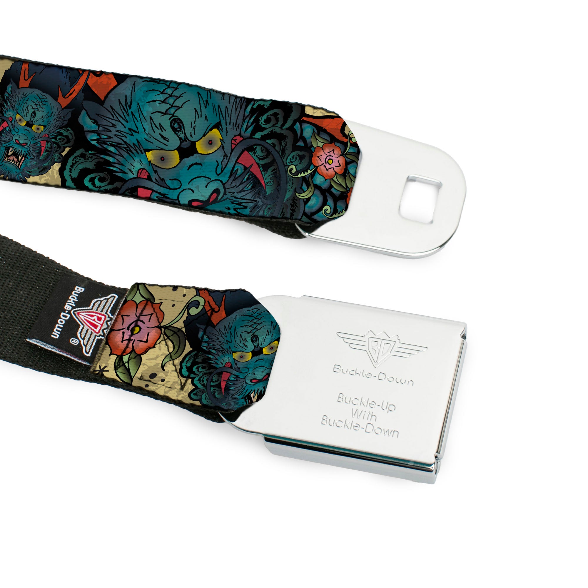 BD Wings Logo CLOSE-UP Full Color Black Silver Seatbelt Belt - Honor CLOSE-UP Tan Webbing Seatbelt Belts Buckle-Down