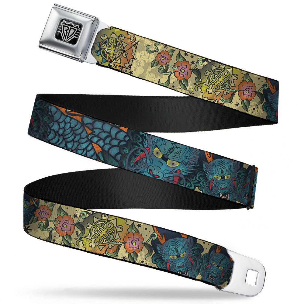 BD Wings Logo CLOSE-UP Full Color Black Silver Seatbelt Belt - Honor CLOSE-UP Tan Webbing Seatbelt Belts Buckle-Down