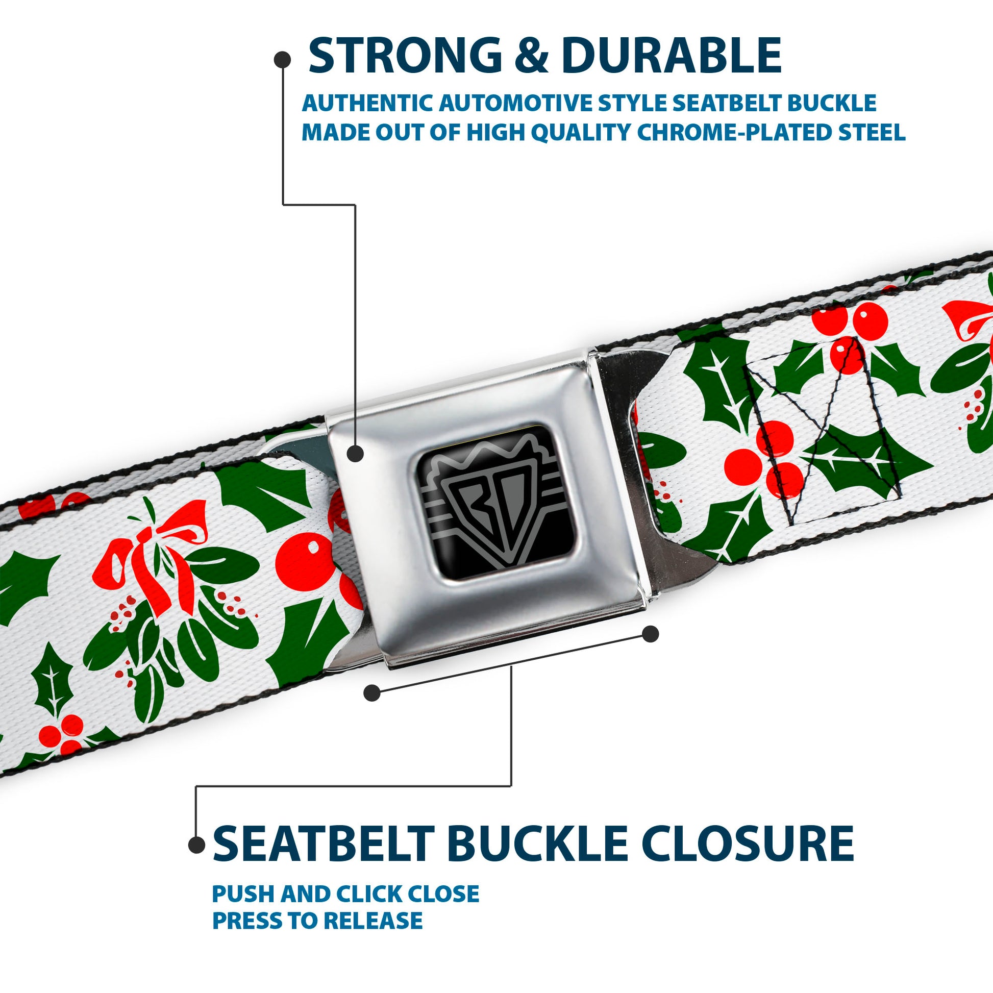 BD Wings Logo CLOSE-UP Full Color Black Silver Seatbelt Belt - Holly & Mistletoe Webbing Seatbelt Belts Buckle-Down