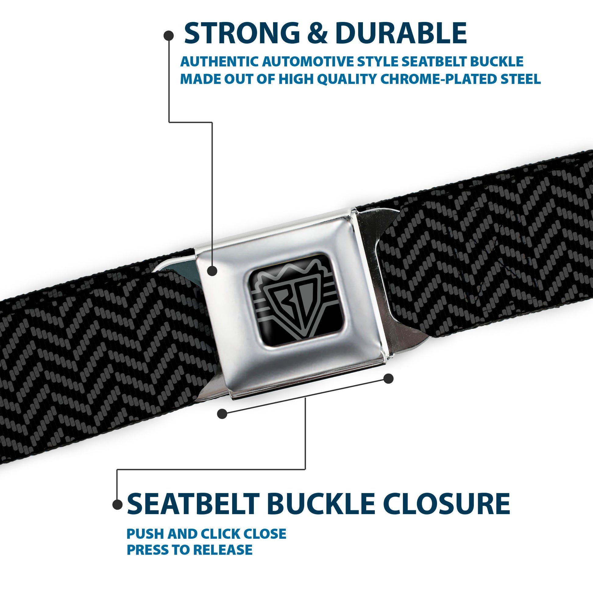 BD Wings Logo CLOSE-UP Full Color Black Silver Seatbelt Belt - Herringbone Jagged Black/Gray Webbing Seatbelt Belts Buckle-Down