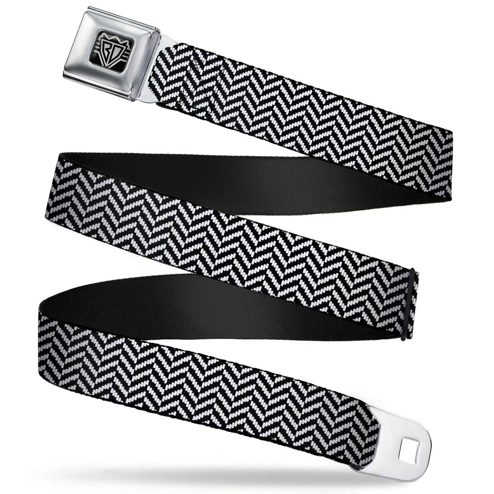 BD Wings Logo CLOSE-UP Full Color Black Silver Seatbelt Belt - Herringbone Jagged Black/White Webbing Seatbelt Belts Buckle-Down
