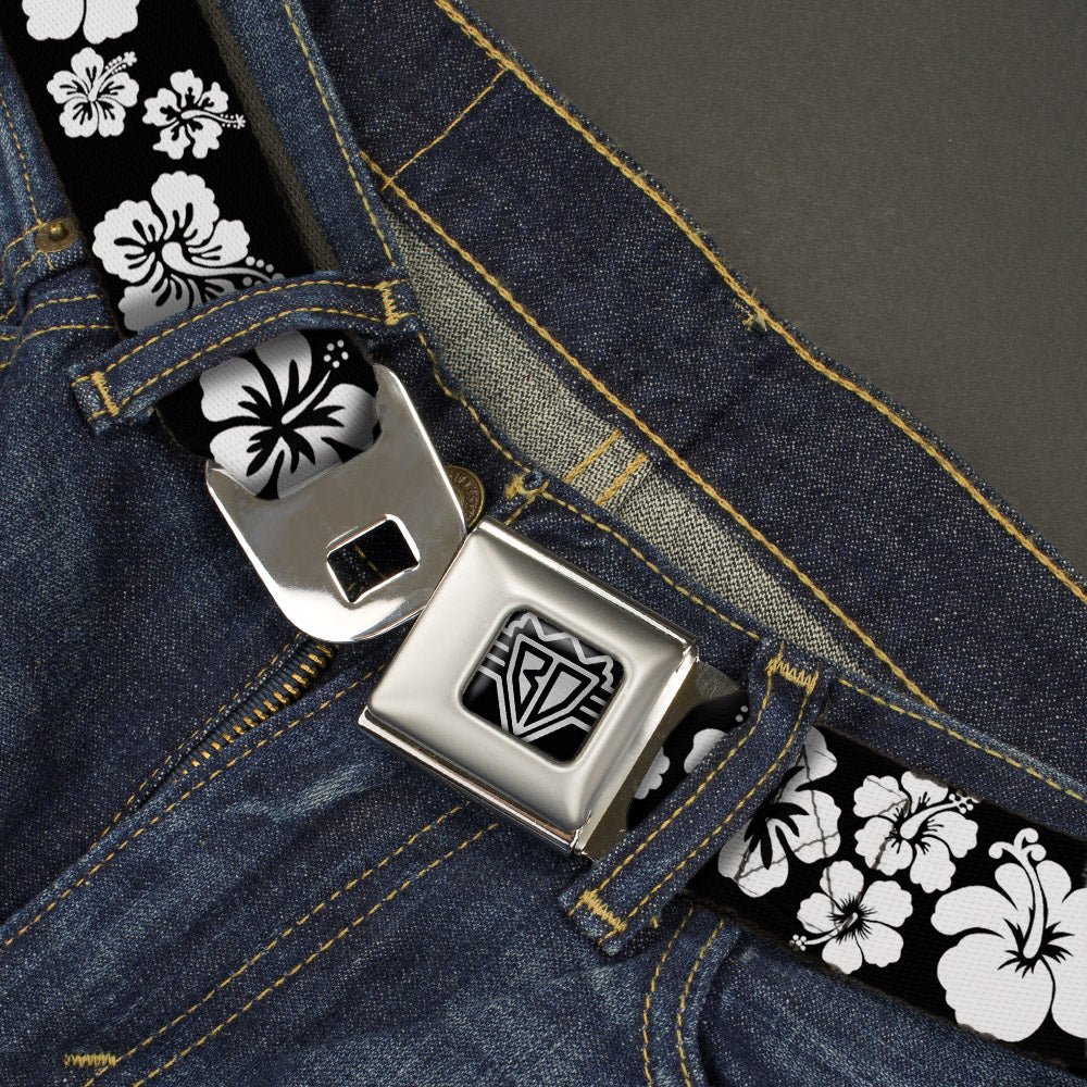 BD Wings Logo CLOSE-UP Full Color Black Silver Seatbelt Belt - Hibiscus Black/White Webbing Seatbelt Belts Buckle-Down
