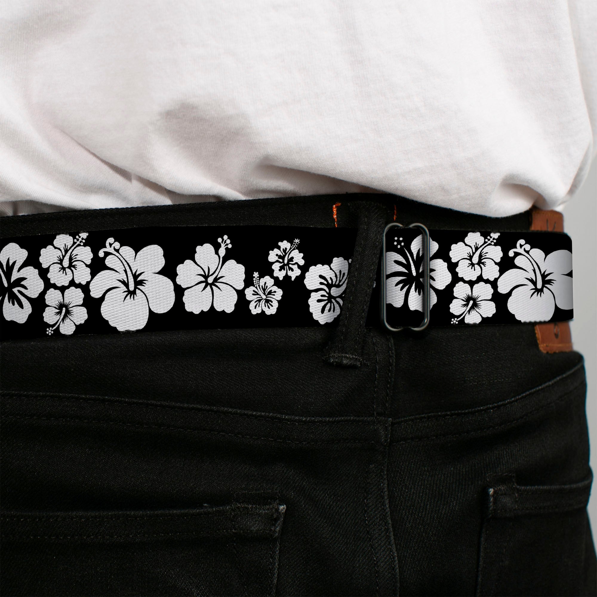 BD Wings Logo CLOSE-UP Full Color Black Silver Seatbelt Belt - Hibiscus Black/White Webbing Seatbelt Belts Buckle-Down