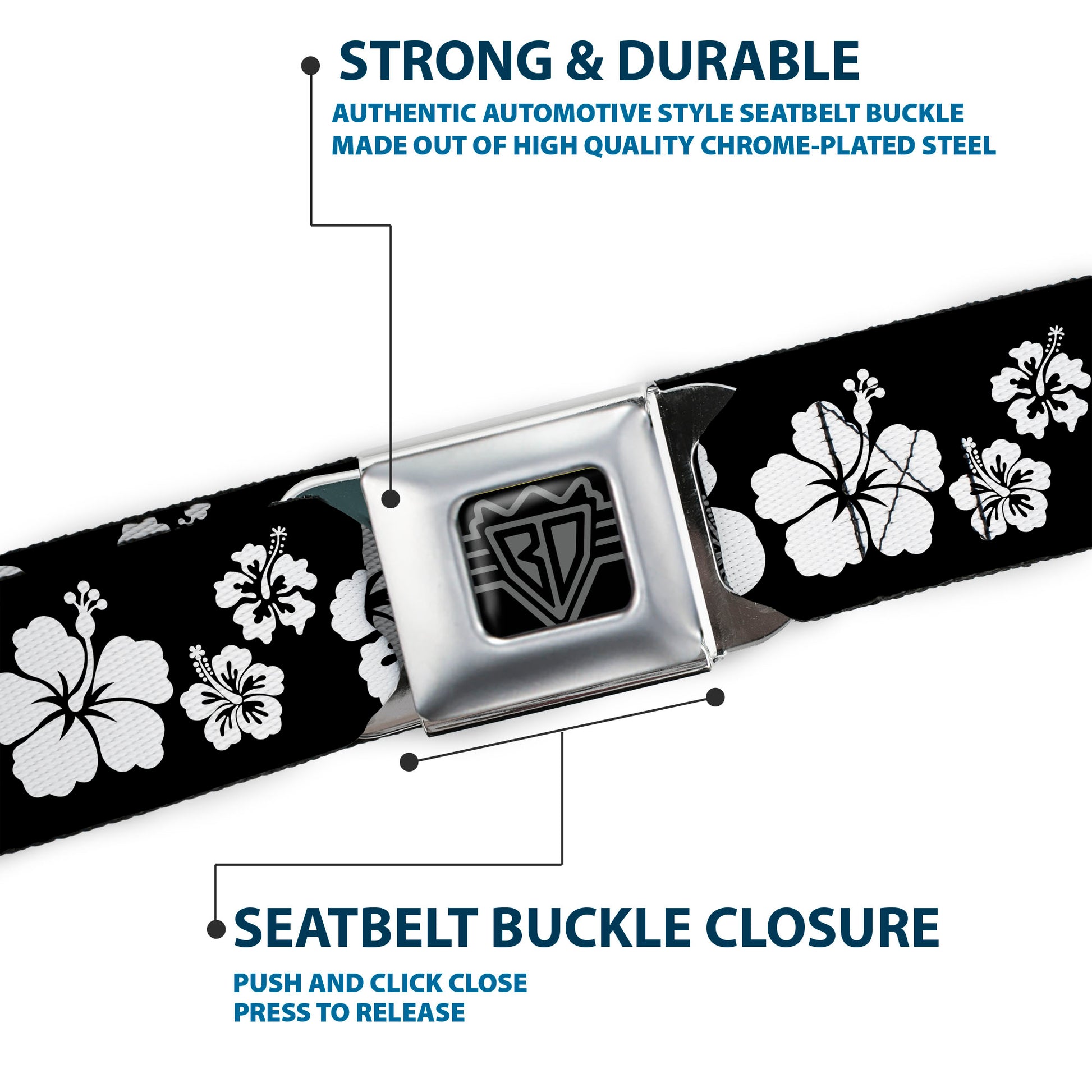 BD Wings Logo CLOSE-UP Full Color Black Silver Seatbelt Belt - Hibiscus Black/White Webbing Seatbelt Belts Buckle-Down