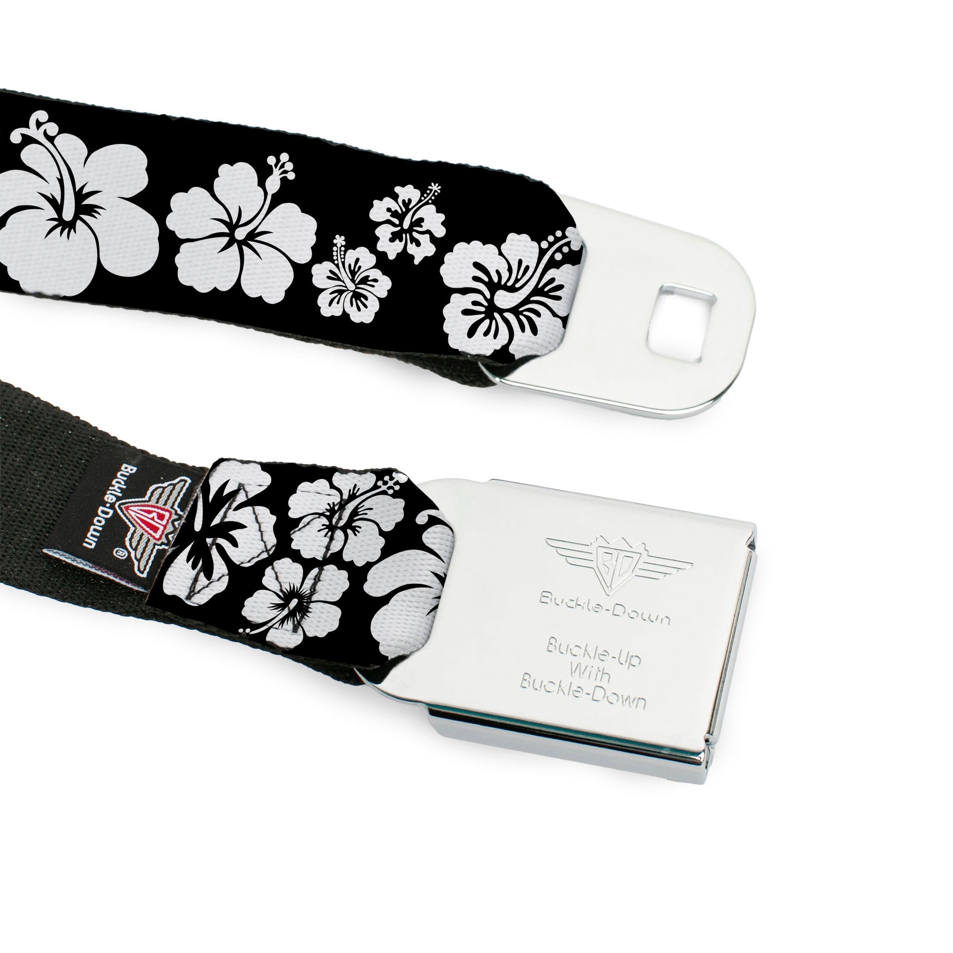 BD Wings Logo CLOSE-UP Full Color Black Silver Seatbelt Belt - Hibiscus Black/White Webbing Seatbelt Belts Buckle-Down