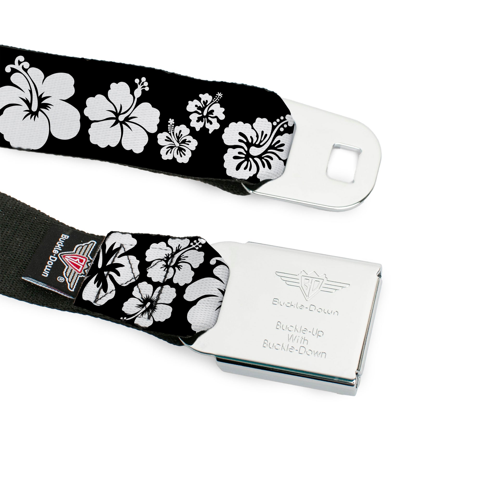 BD Wings Logo CLOSE-UP Full Color Black Silver Seatbelt Belt - Hibiscus Black/White Webbing Seatbelt Belts Buckle-Down