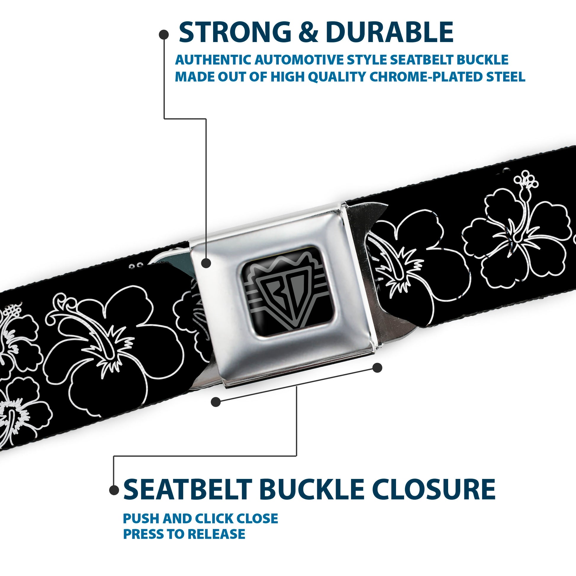 BD Wings Logo CLOSE-UP Full Color Black Silver Seatbelt Belt - Hibiscus Outline Black/White Webbing Seatbelt Belts Buckle-Down
