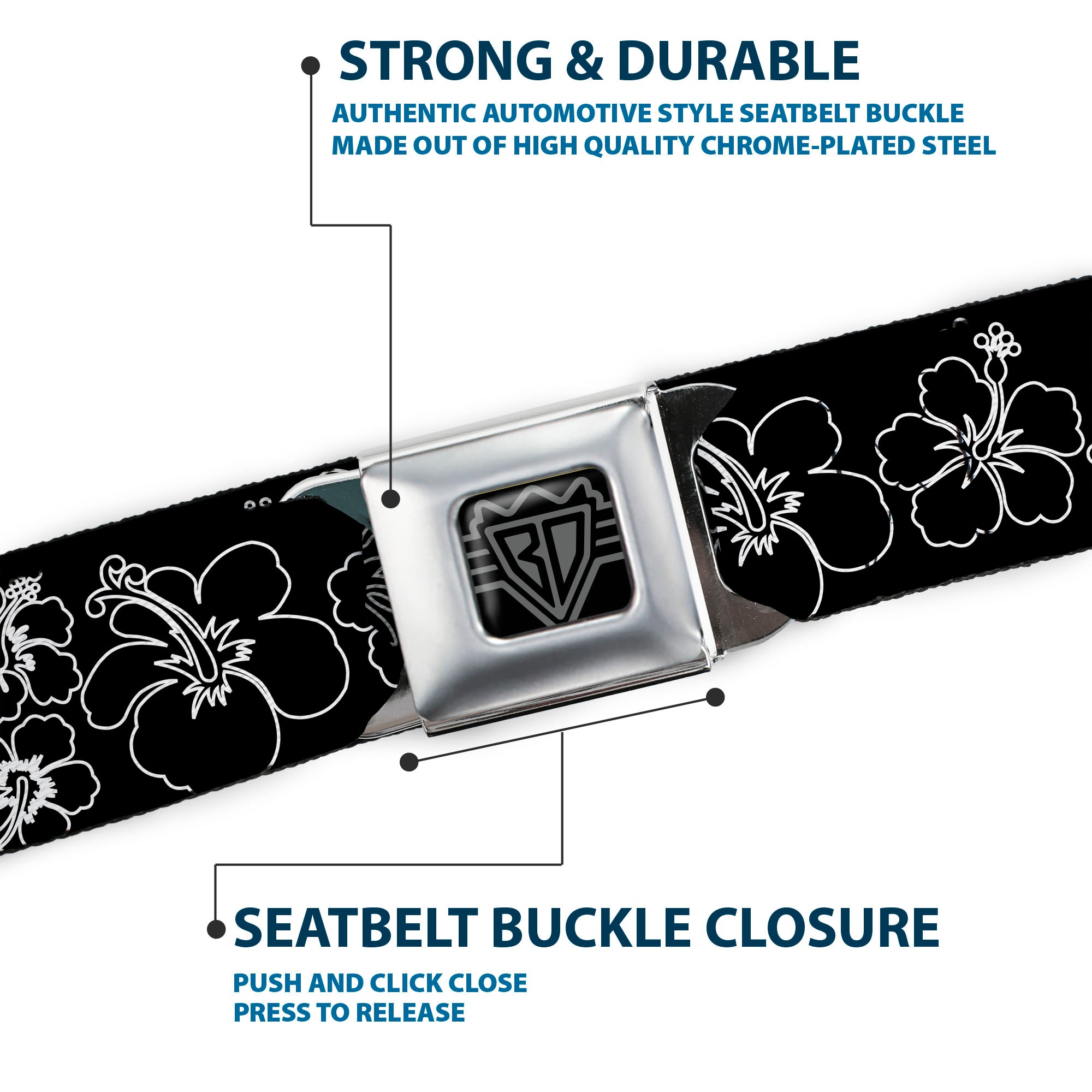 BD Wings Logo CLOSE-UP Full Color Black Silver Seatbelt Belt - Hibiscus Outline Black/White Webbing Seatbelt Belts Buckle-Down