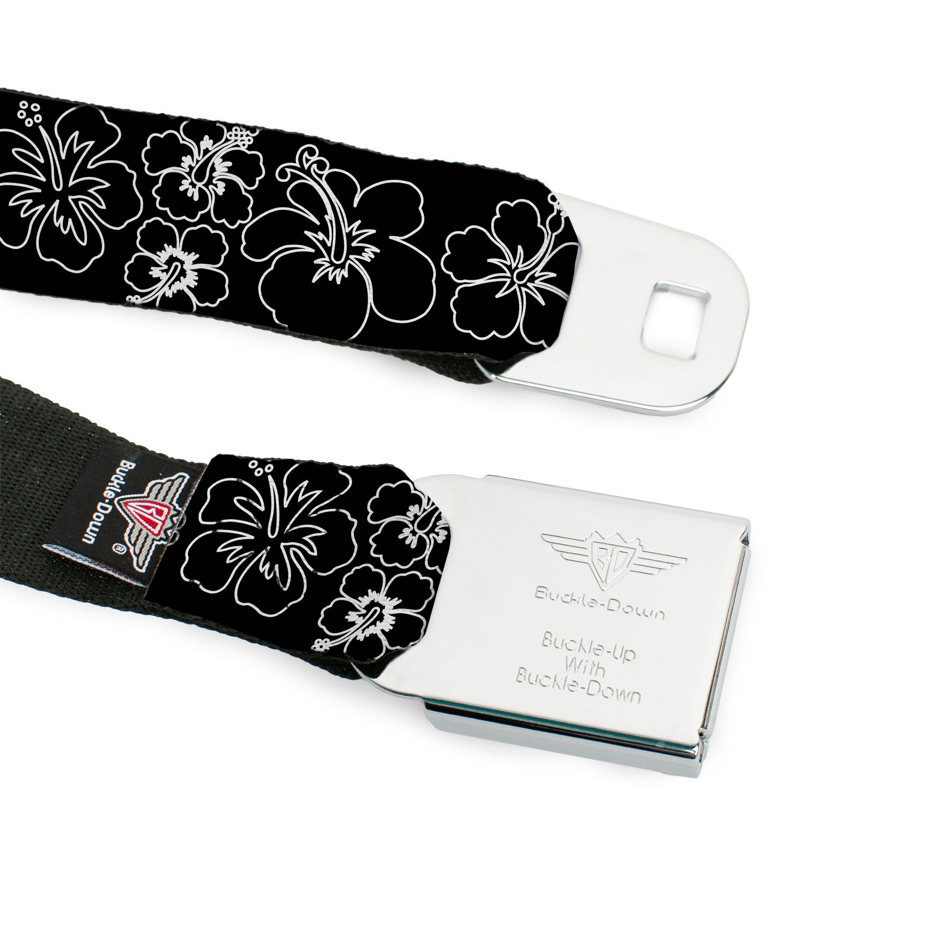 BD Wings Logo CLOSE-UP Full Color Black Silver Seatbelt Belt - Hibiscus Outline Black/White Webbing Seatbelt Belts Buckle-Down