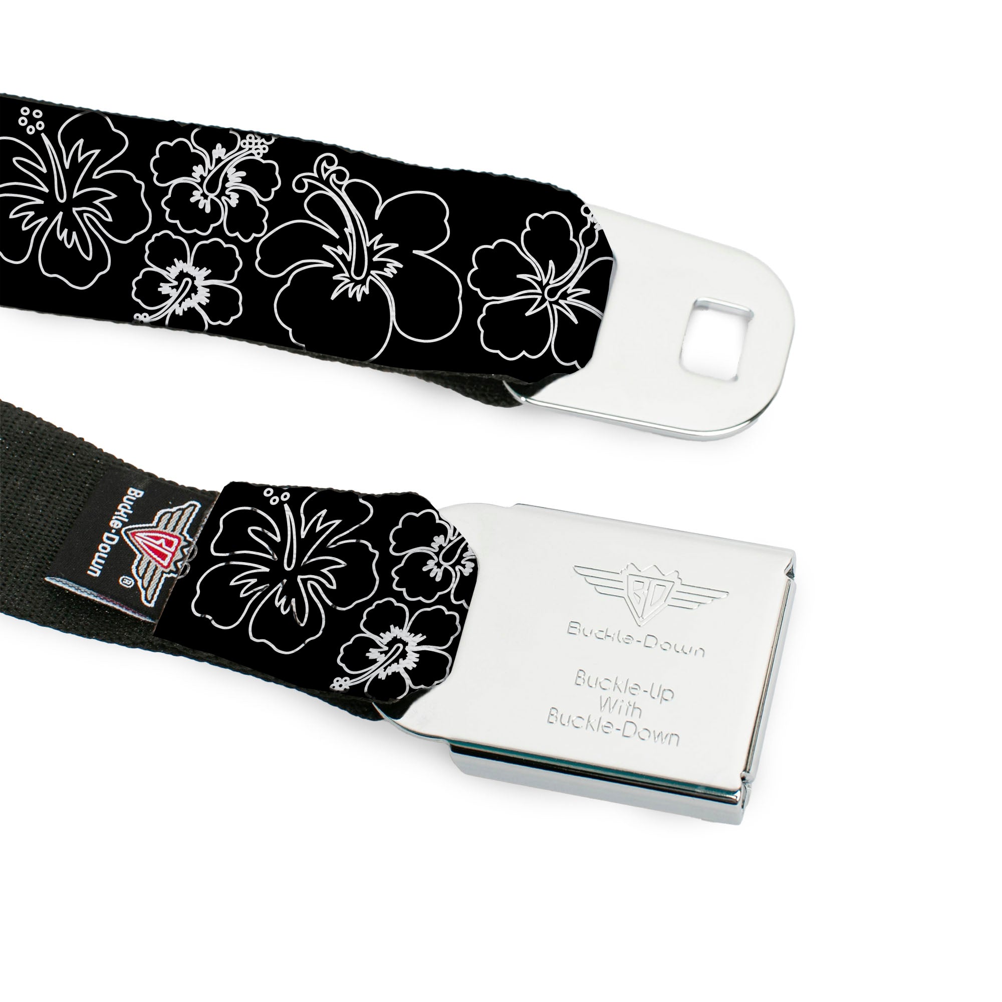 BD Wings Logo CLOSE-UP Full Color Black Silver Seatbelt Belt - Hibiscus Outline Black/White Webbing Seatbelt Belts Buckle-Down