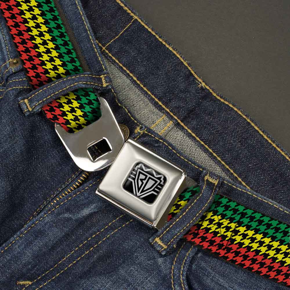 BD Wings Logo CLOSE-UP Full Color Black Silver Seatbelt Belt - Houndstooth Black/Rasta Webbing Seatbelt Belts Buckle-Down