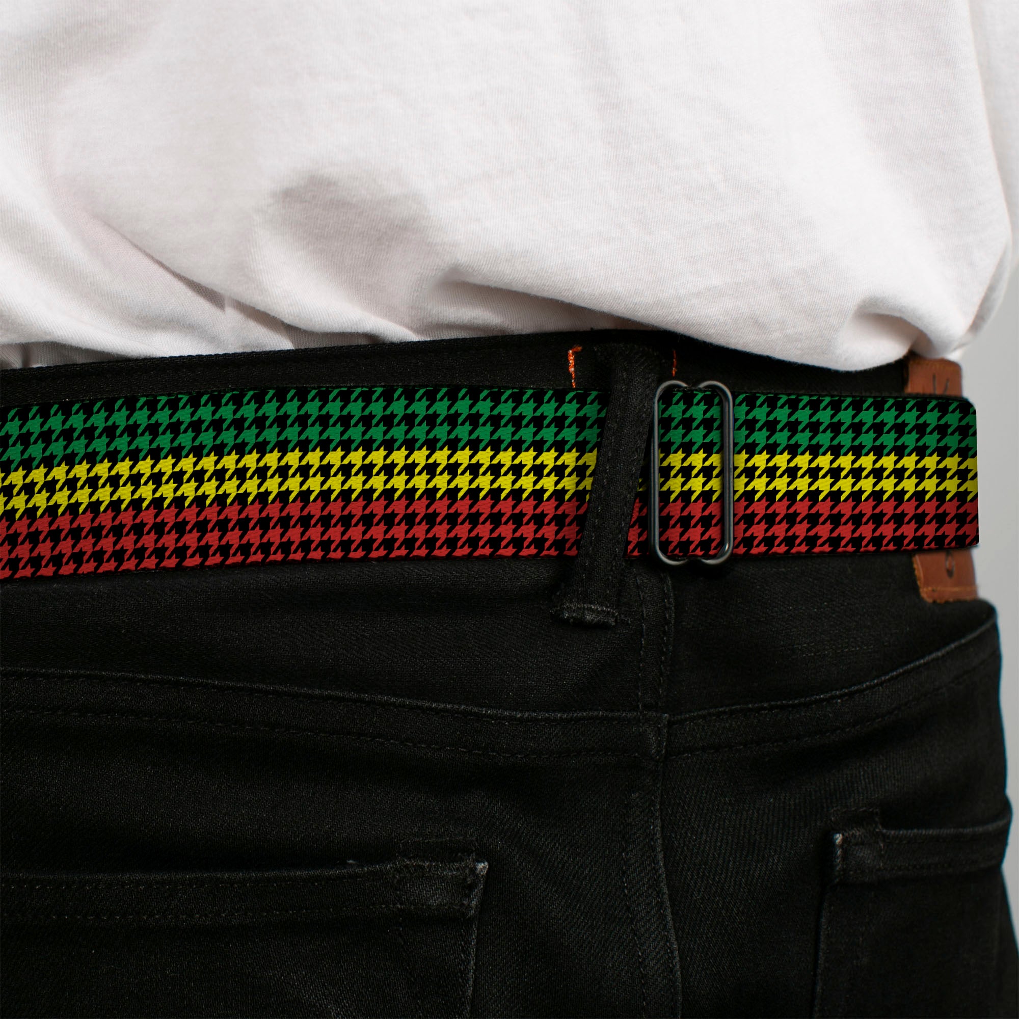 BD Wings Logo CLOSE-UP Full Color Black Silver Seatbelt Belt - Houndstooth Black/Rasta Webbing Seatbelt Belts Buckle-Down