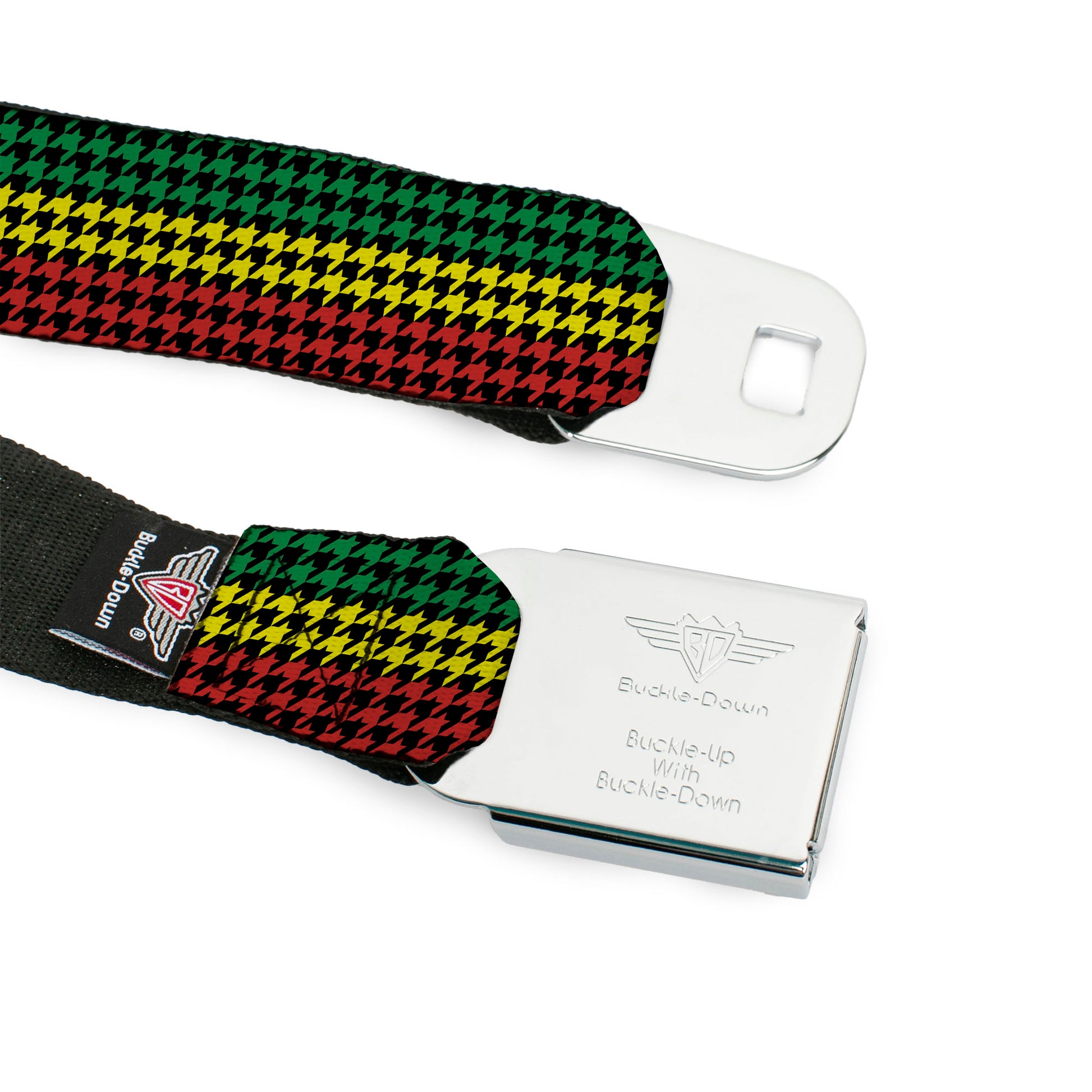 BD Wings Logo CLOSE-UP Full Color Black Silver Seatbelt Belt - Houndstooth Black/Rasta Webbing Seatbelt Belts Buckle-Down