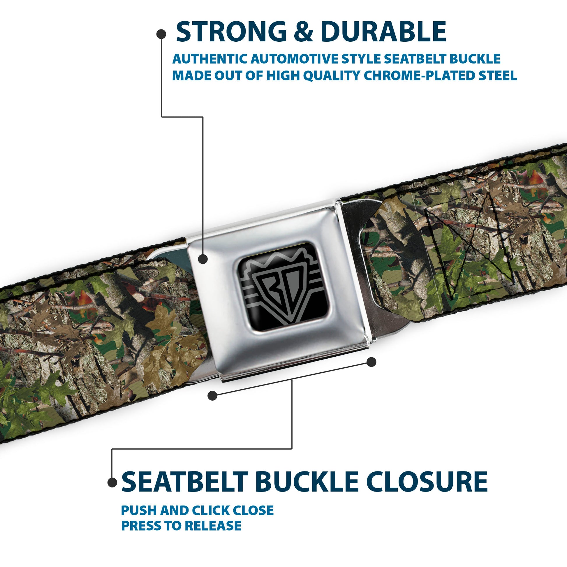 BD Wings Logo CLOSE-UP Full Color Black Silver Seatbelt Belt - Hunting Camo Webbing Seatbelt Belts Buckle-Down