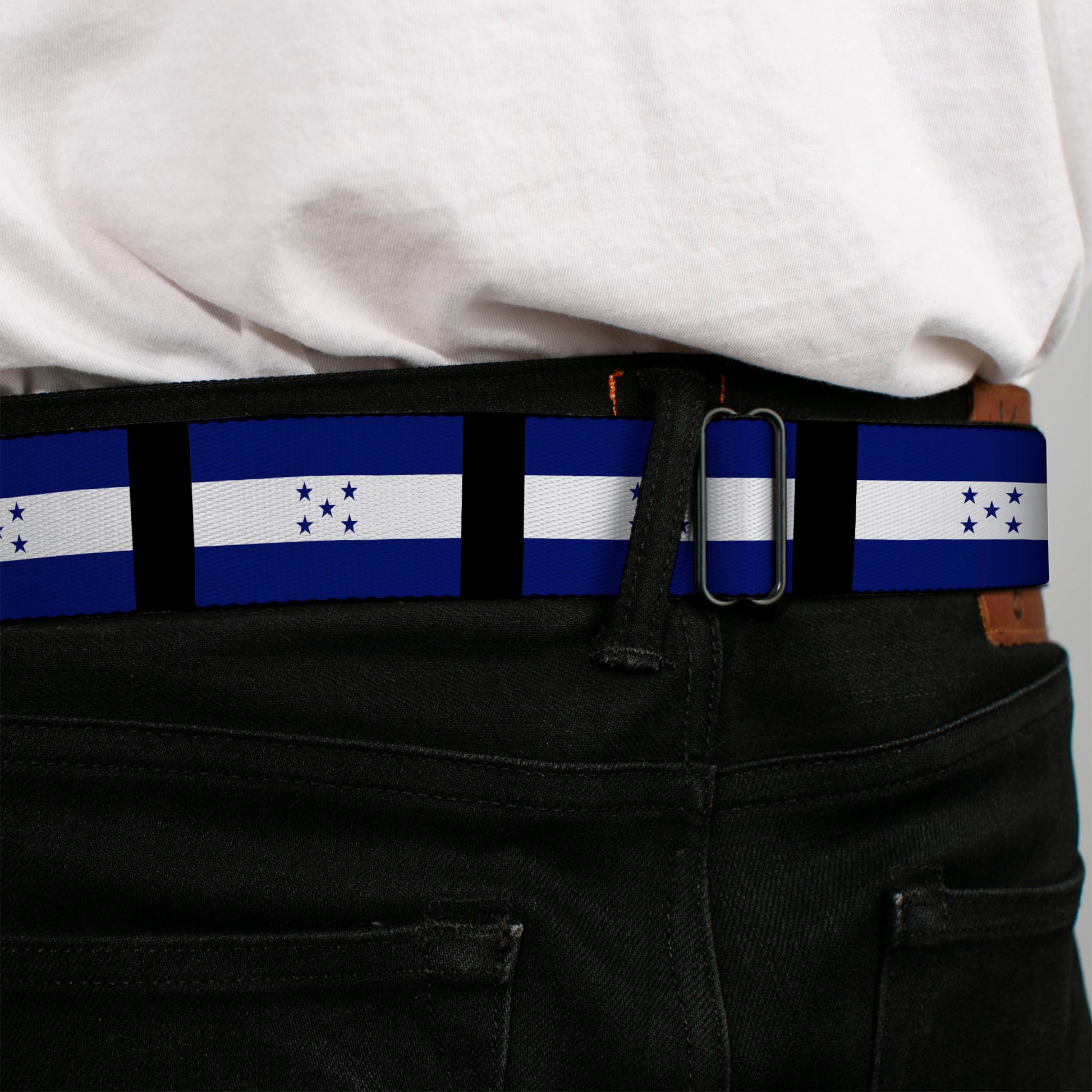 BD Wings Logo CLOSE-UP Full Color Black Silver Seatbelt Belt - Honduras Flags Webbing Seatbelt Belts Buckle-Down