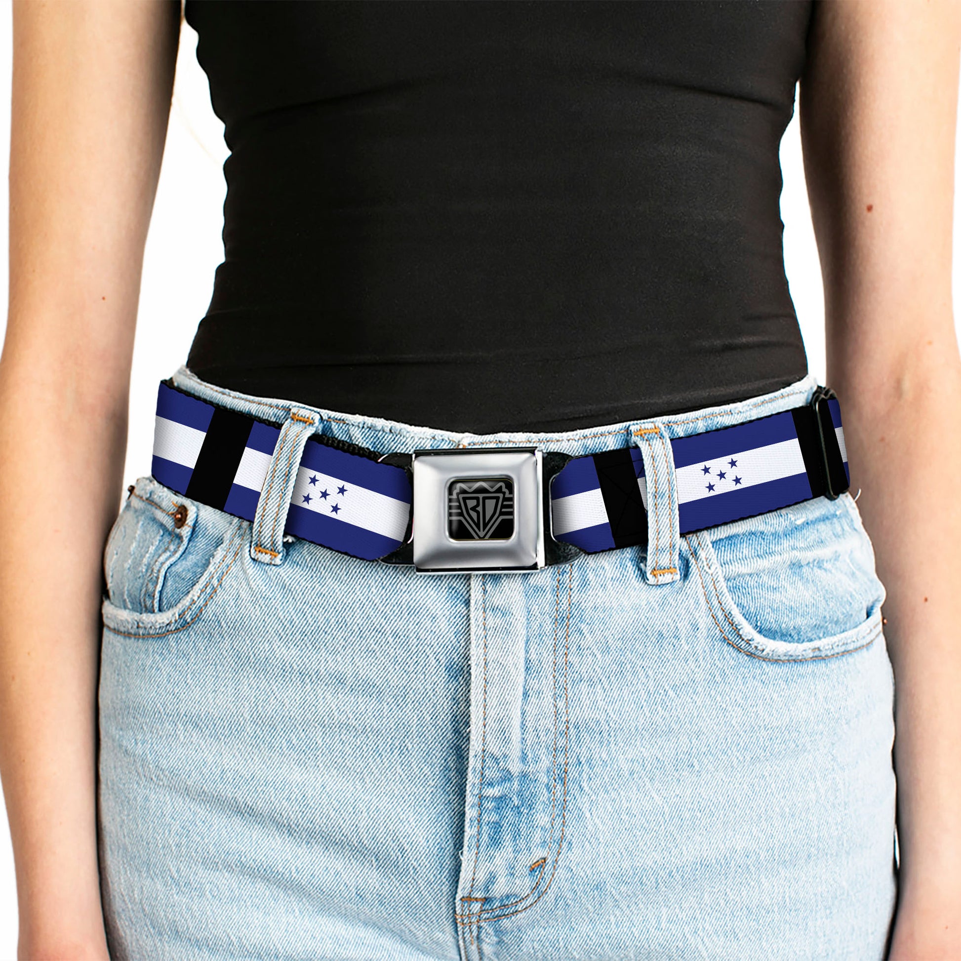 BD Wings Logo CLOSE-UP Full Color Black Silver Seatbelt Belt - Honduras Flags Webbing Seatbelt Belts Buckle-Down