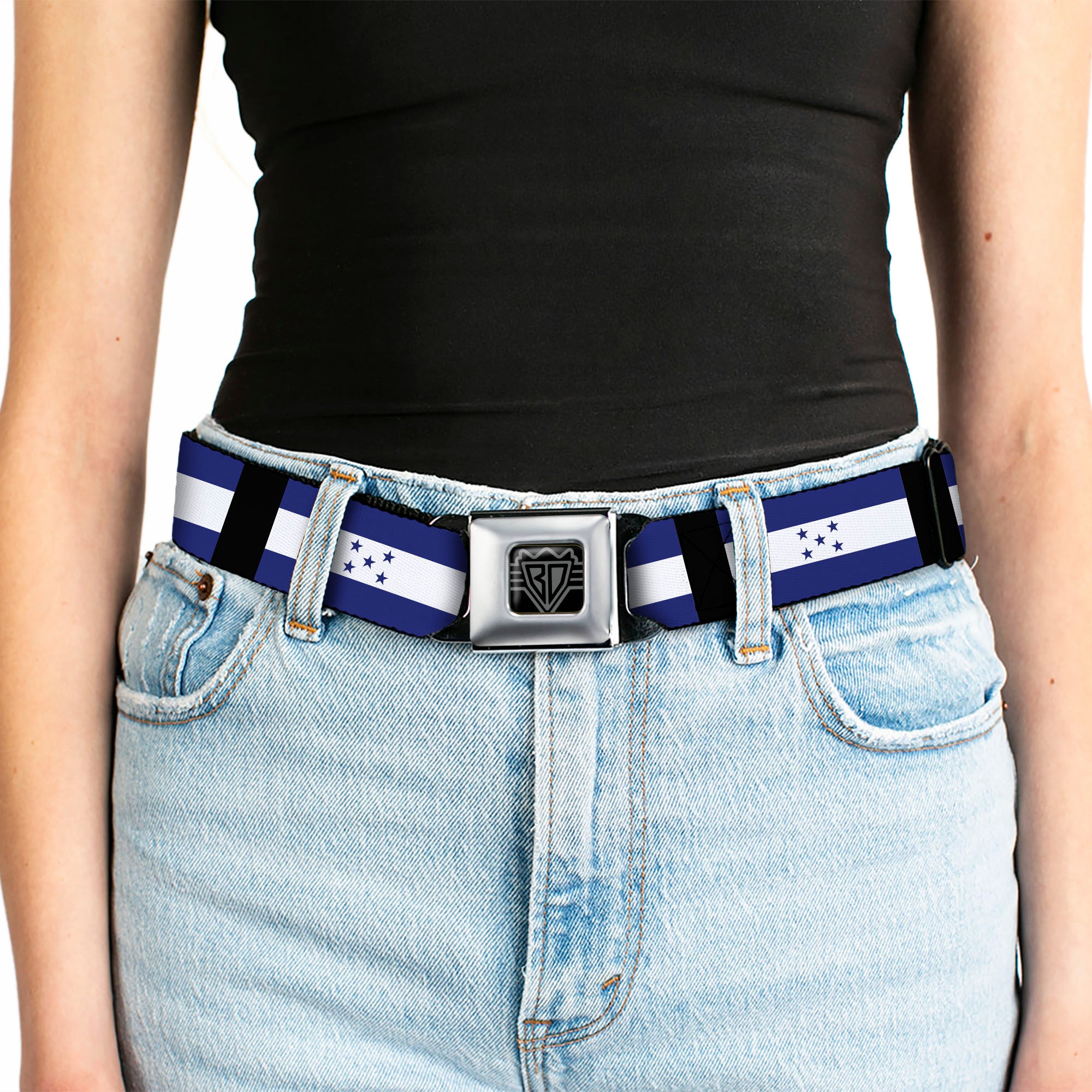 BD Wings Logo CLOSE-UP Full Color Black Silver Seatbelt Belt - Honduras Flags Webbing Seatbelt Belts Buckle-Down
