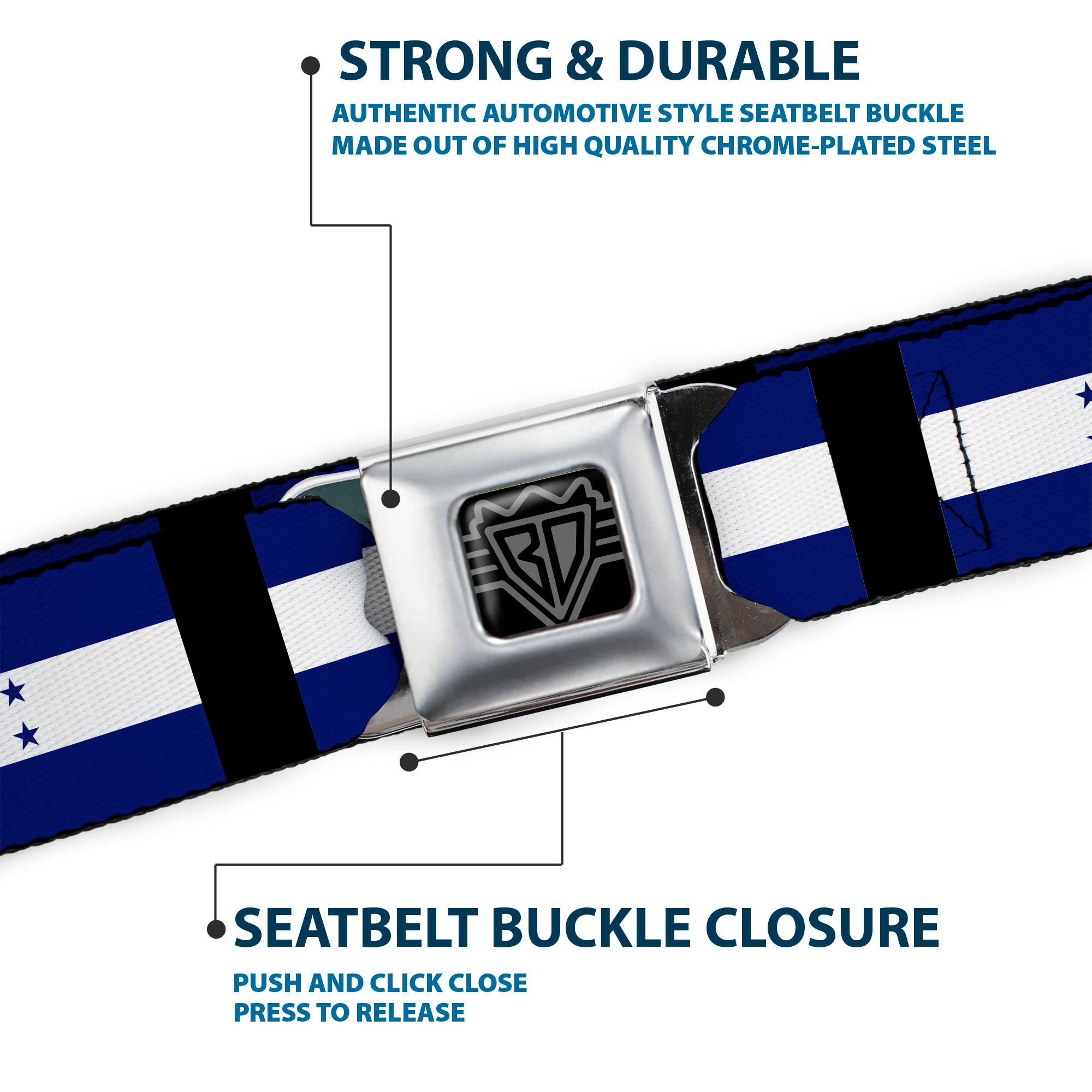 BD Wings Logo CLOSE-UP Full Color Black Silver Seatbelt Belt - Honduras Flags Webbing Seatbelt Belts Buckle-Down