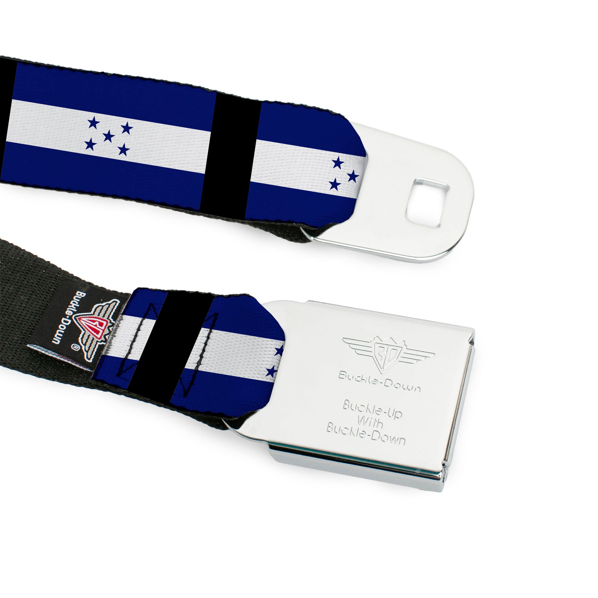 BD Wings Logo CLOSE-UP Full Color Black Silver Seatbelt Belt - Honduras Flags Webbing Seatbelt Belts Buckle-Down