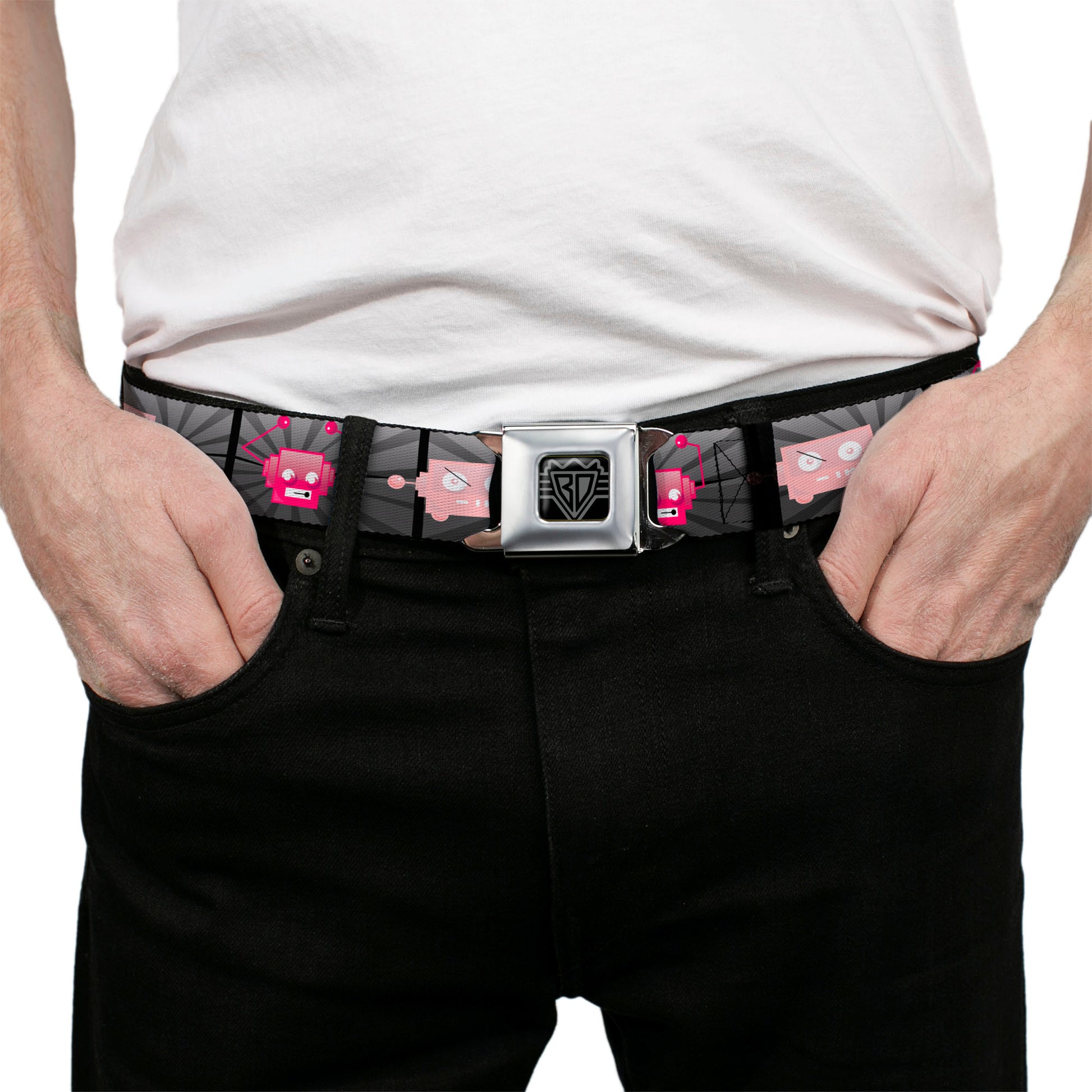BD Wings Logo CLOSE-UP Full Color Black Silver Seatbelt Belt - Hot Beat Bot Pink Webbing Seatbelt Belts Buckle-Down