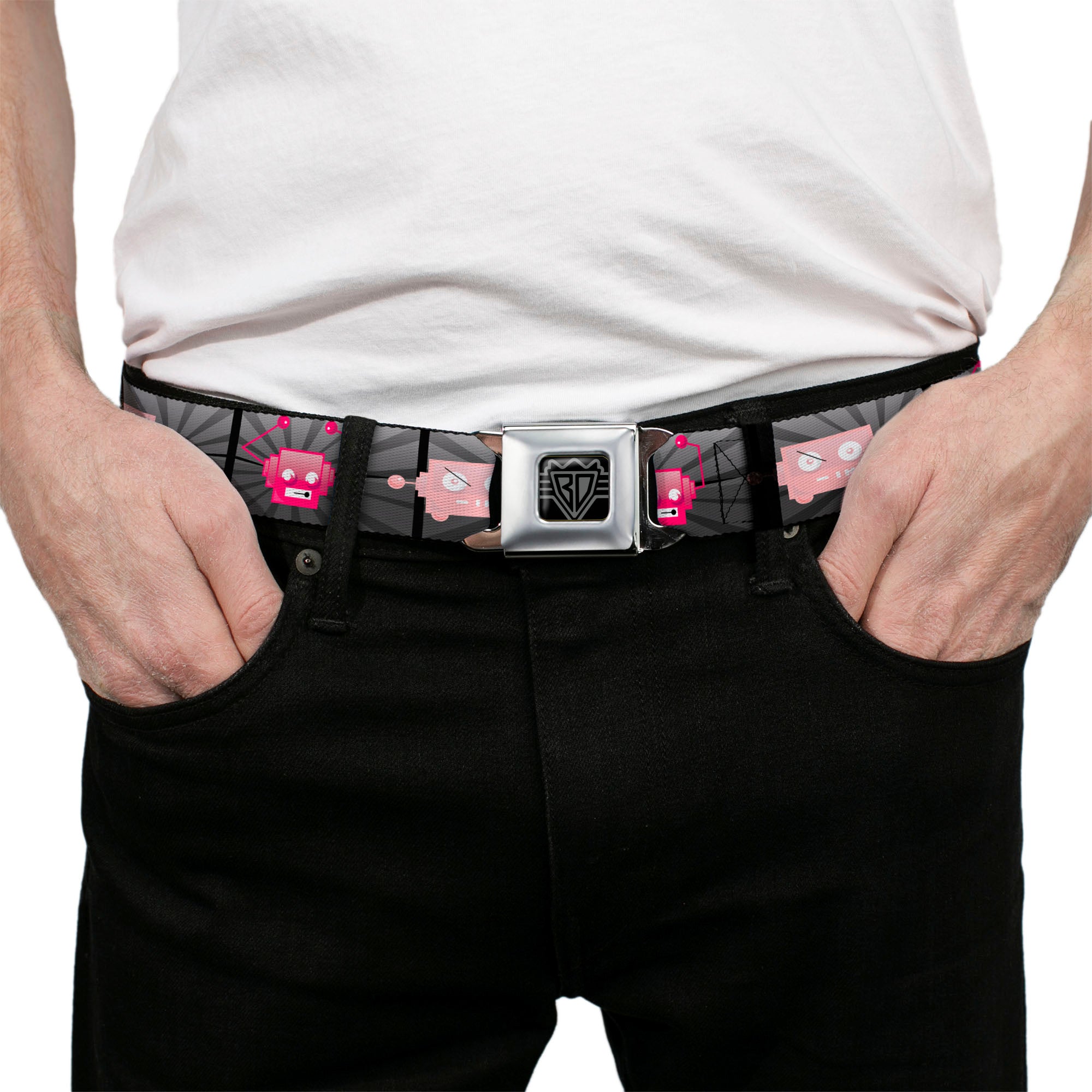 BD Wings Logo CLOSE-UP Full Color Black Silver Seatbelt Belt - Hot Beat Bot Pink Webbing Seatbelt Belts Buckle-Down