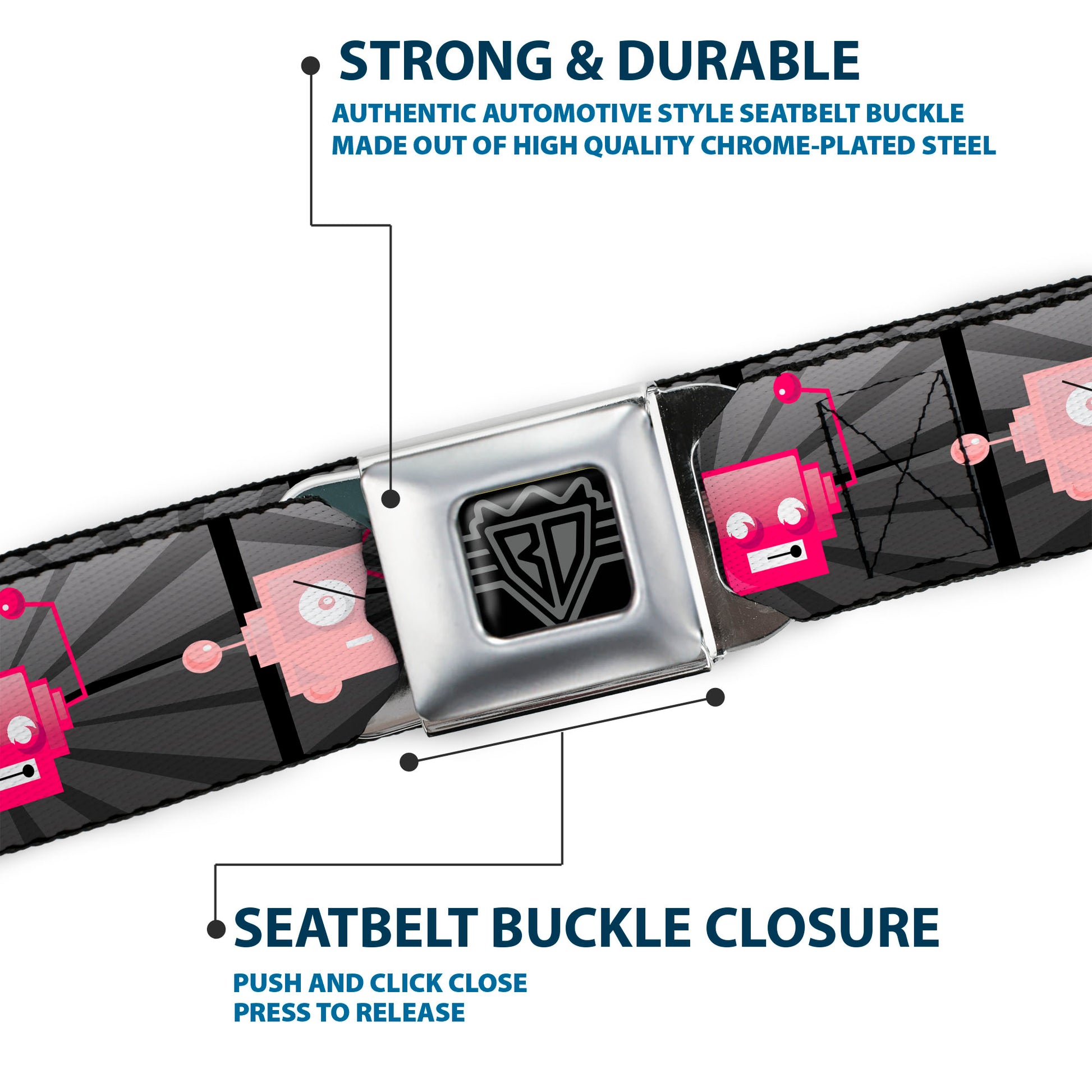 BD Wings Logo CLOSE-UP Full Color Black Silver Seatbelt Belt - Hot Beat Bot Pink Webbing Seatbelt Belts Buckle-Down