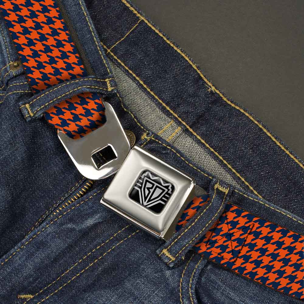 BD Wings Logo CLOSE-UP Full Color Black Silver Seatbelt Belt - Houndstooth Orange/Blue Webbing Seatbelt Belts Buckle-Down