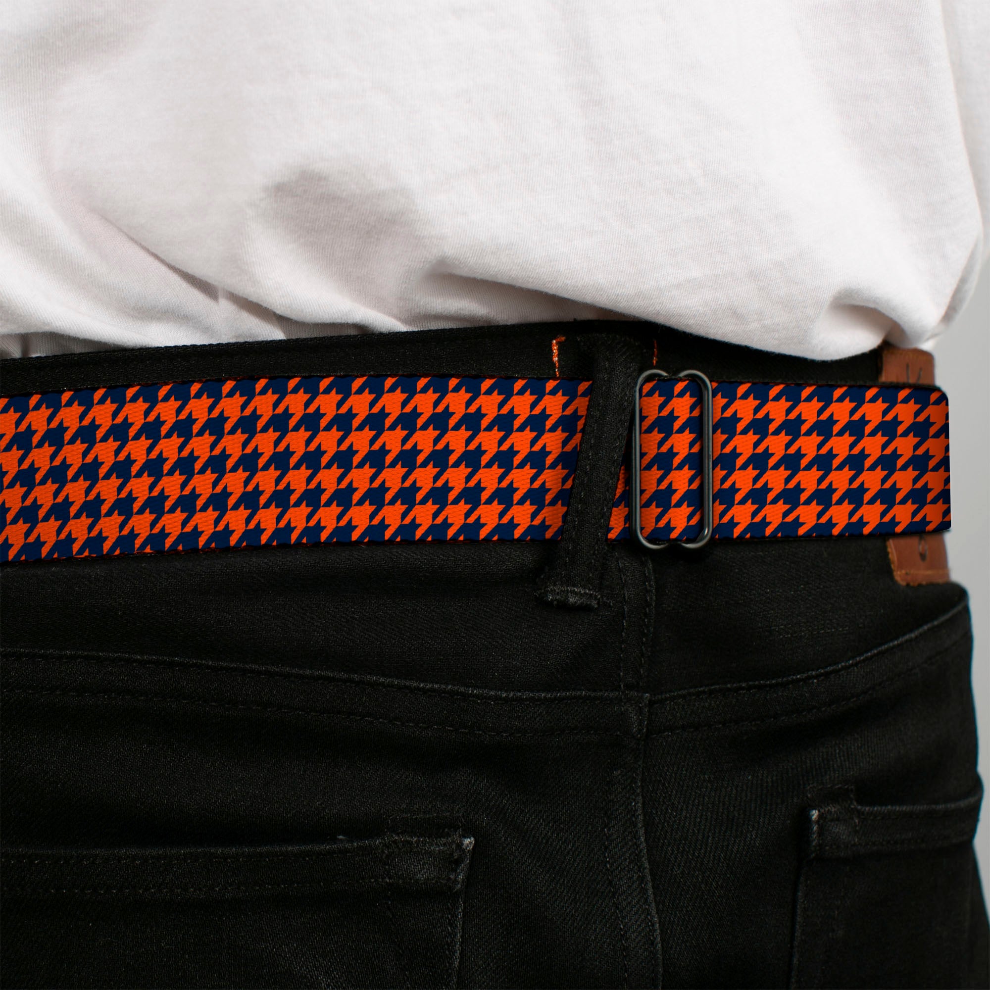 BD Wings Logo CLOSE-UP Full Color Black Silver Seatbelt Belt - Houndstooth Orange/Blue Webbing Seatbelt Belts Buckle-Down