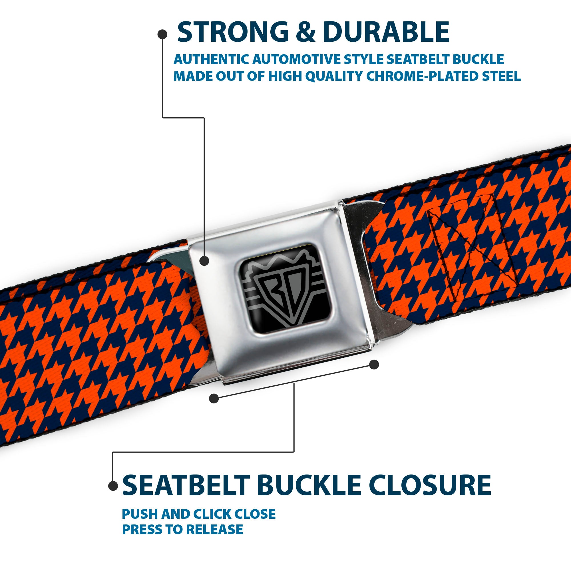 BD Wings Logo CLOSE-UP Full Color Black Silver Seatbelt Belt - Houndstooth Orange/Blue Webbing Seatbelt Belts Buckle-Down